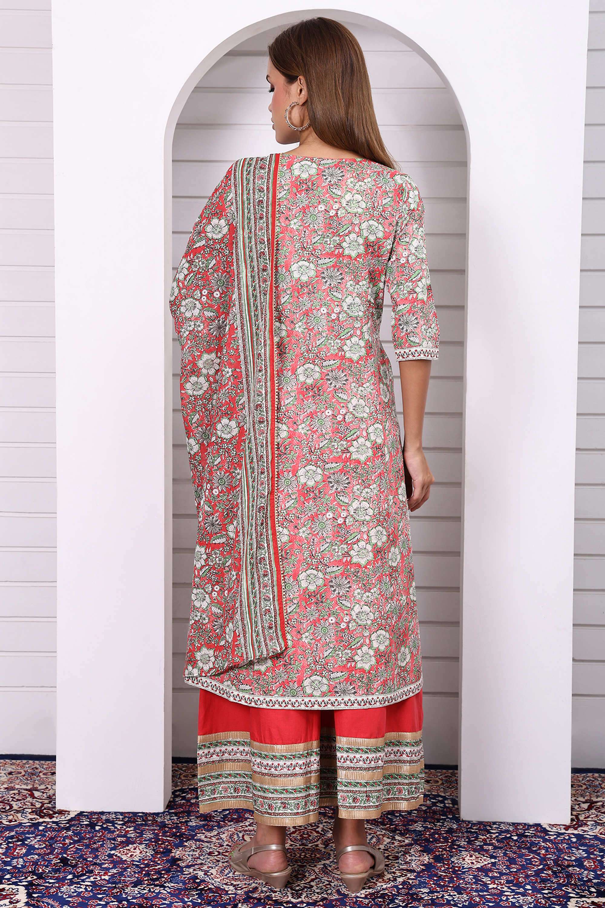 Floral-Calf-Length-Pure-Cotton-Woven-Women-s-Kurta-Set