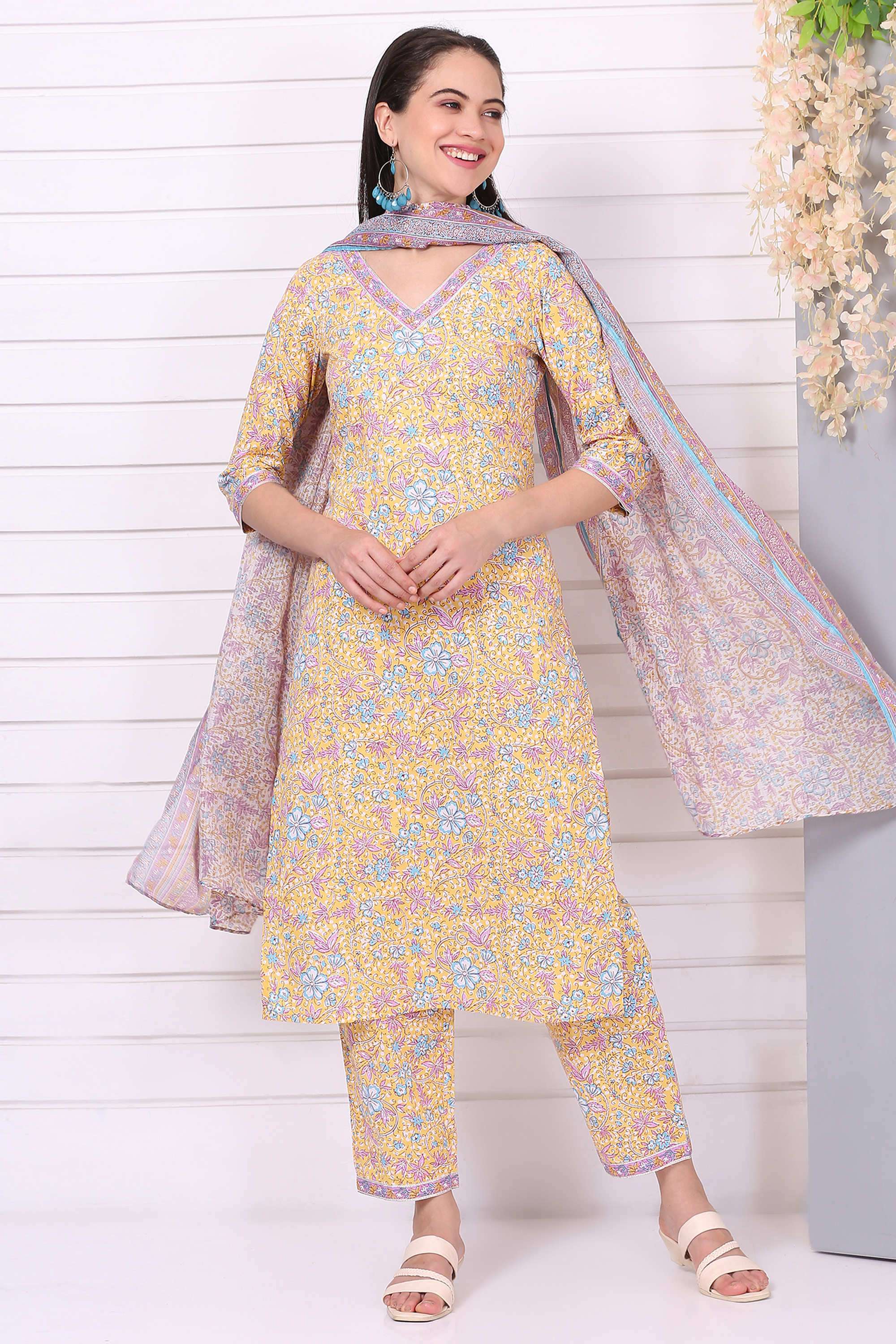 Floral-V-Neck-Cotton-Women-Kurta-with-Pant-and-Dupatta