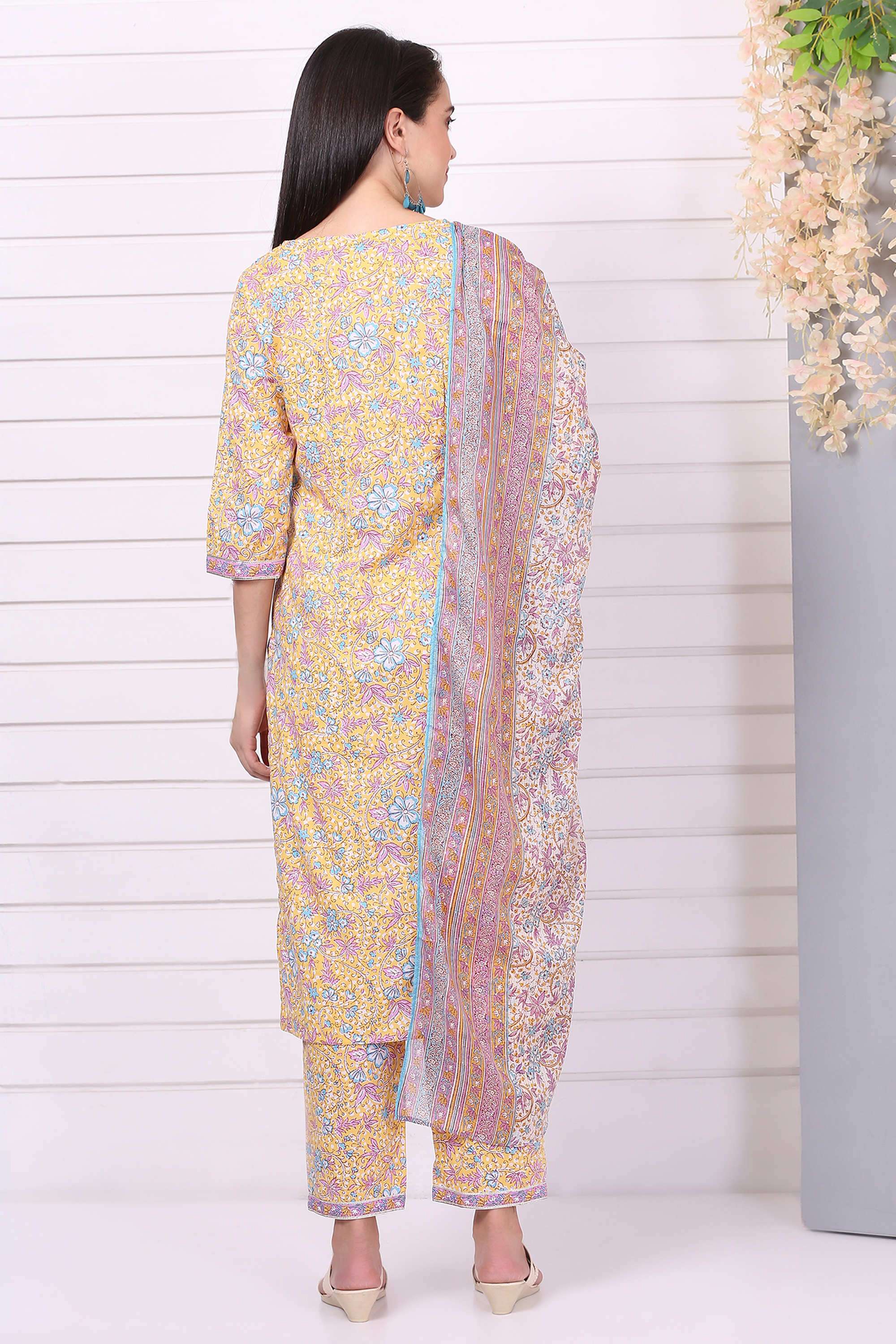 Floral-V-Neck-Cotton-Women-Kurta-with-Pant-and-Dupatta