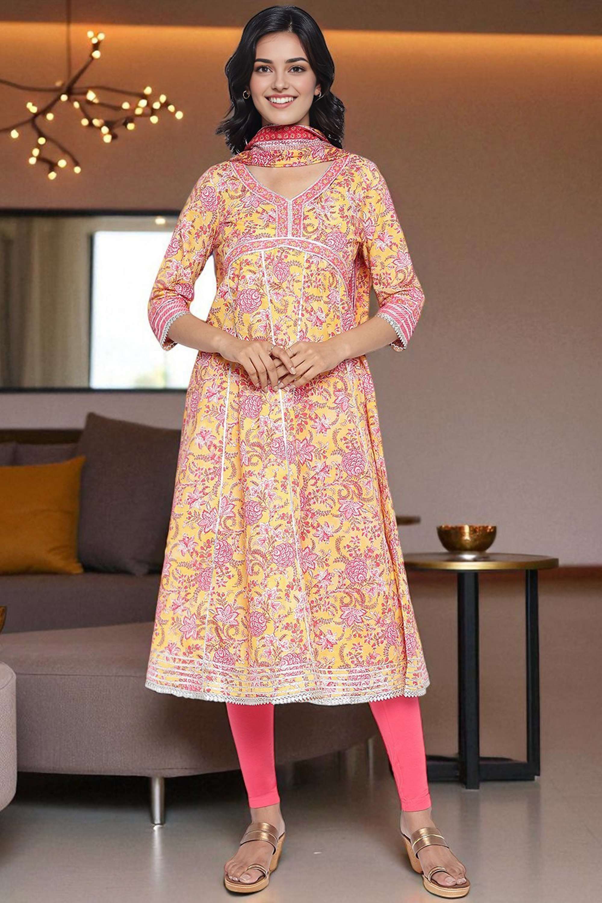 Floral-Cotton-V-Neck-Women-s-Ethnic-Kurta-Set