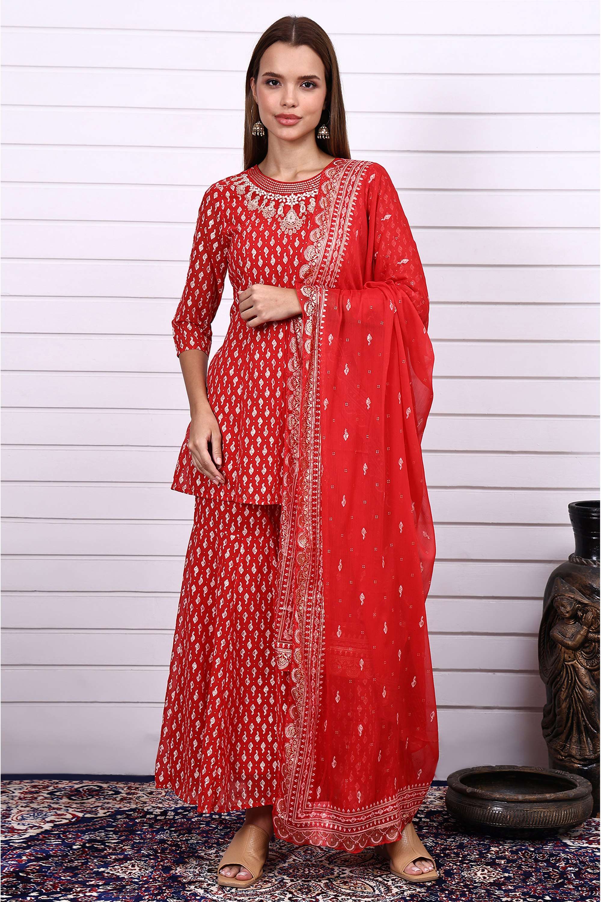 Printed-Polyester-Round-Neck-Women-s-Fusion-Wear-Kurta-Set
