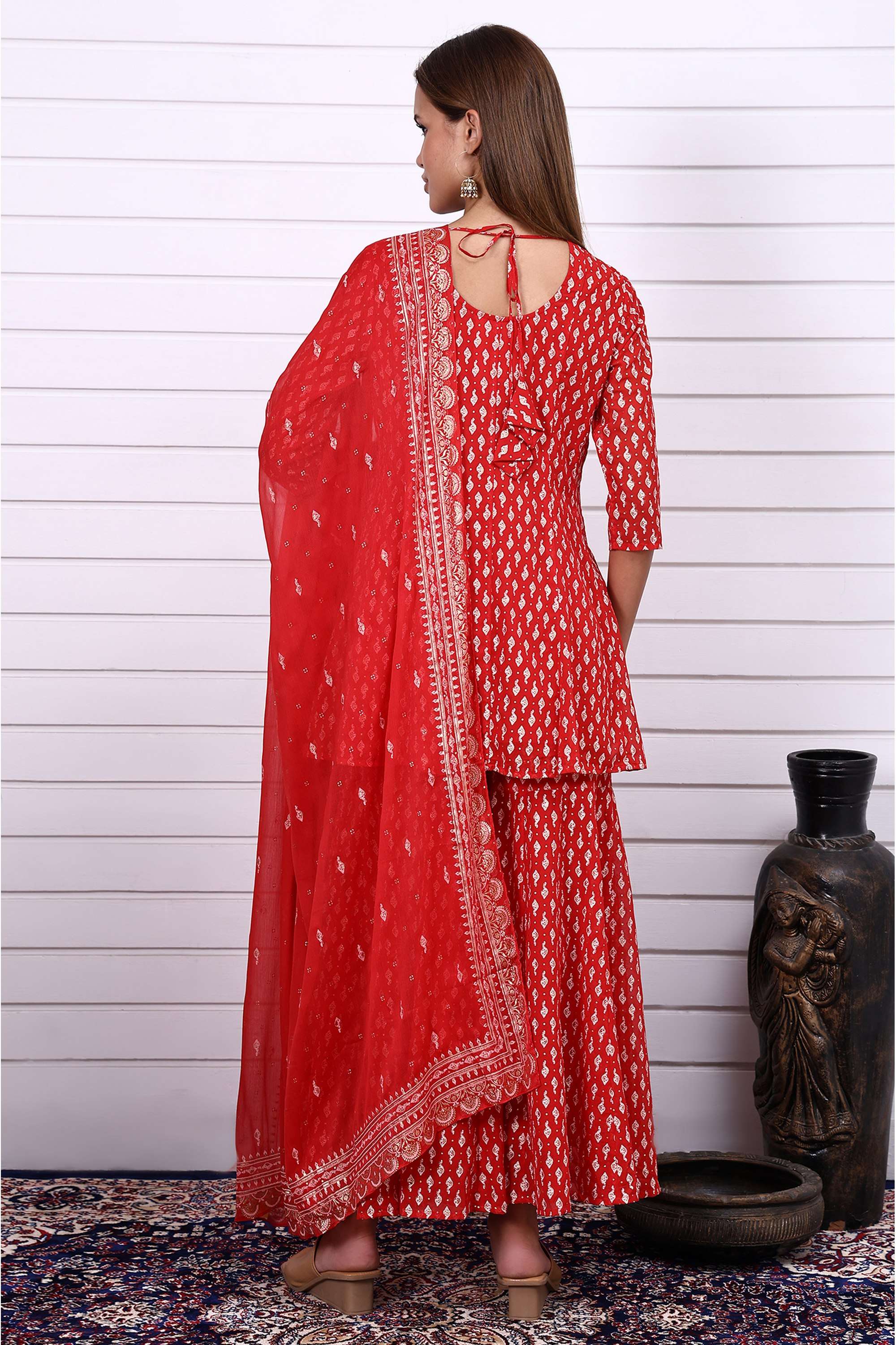 Printed-Polyester-Round-Neck-Women-s-Fusion-Wear-Kurta-Set