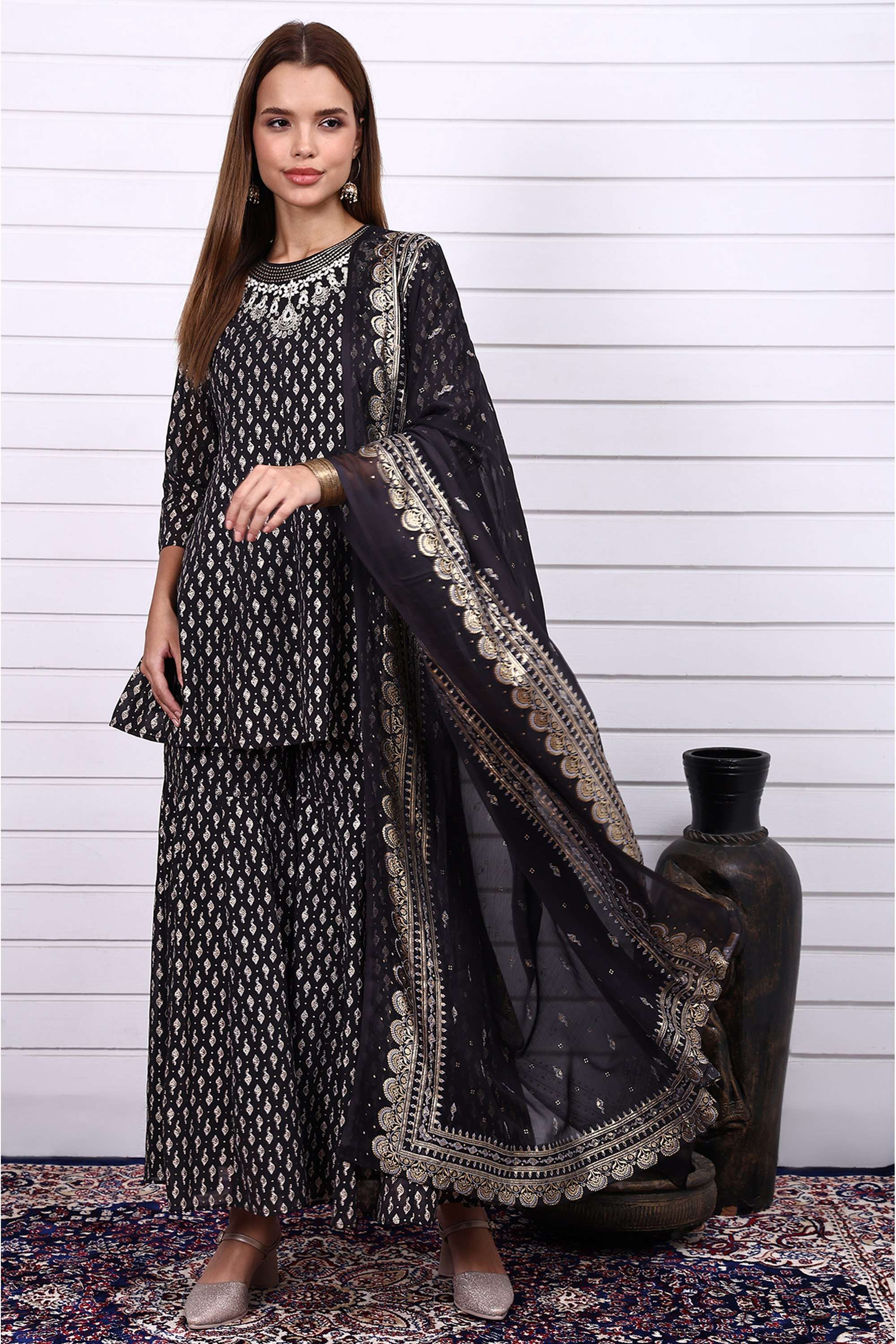 Printed-Polyester-Round-Neck-Women-s-Fusion-Wear-Kurta-Set