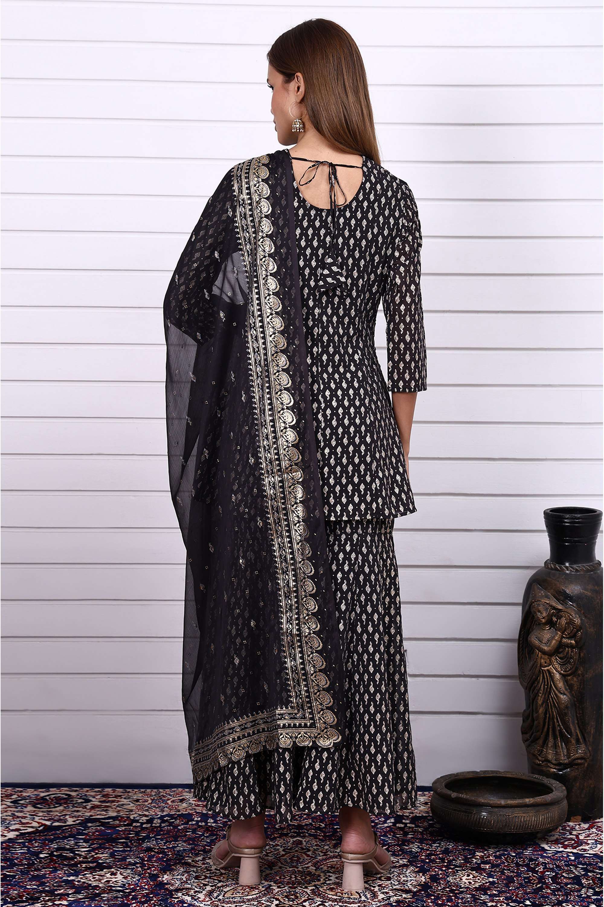 Printed-Polyester-Round-Neck-Women-s-Fusion-Wear-Kurta-Set