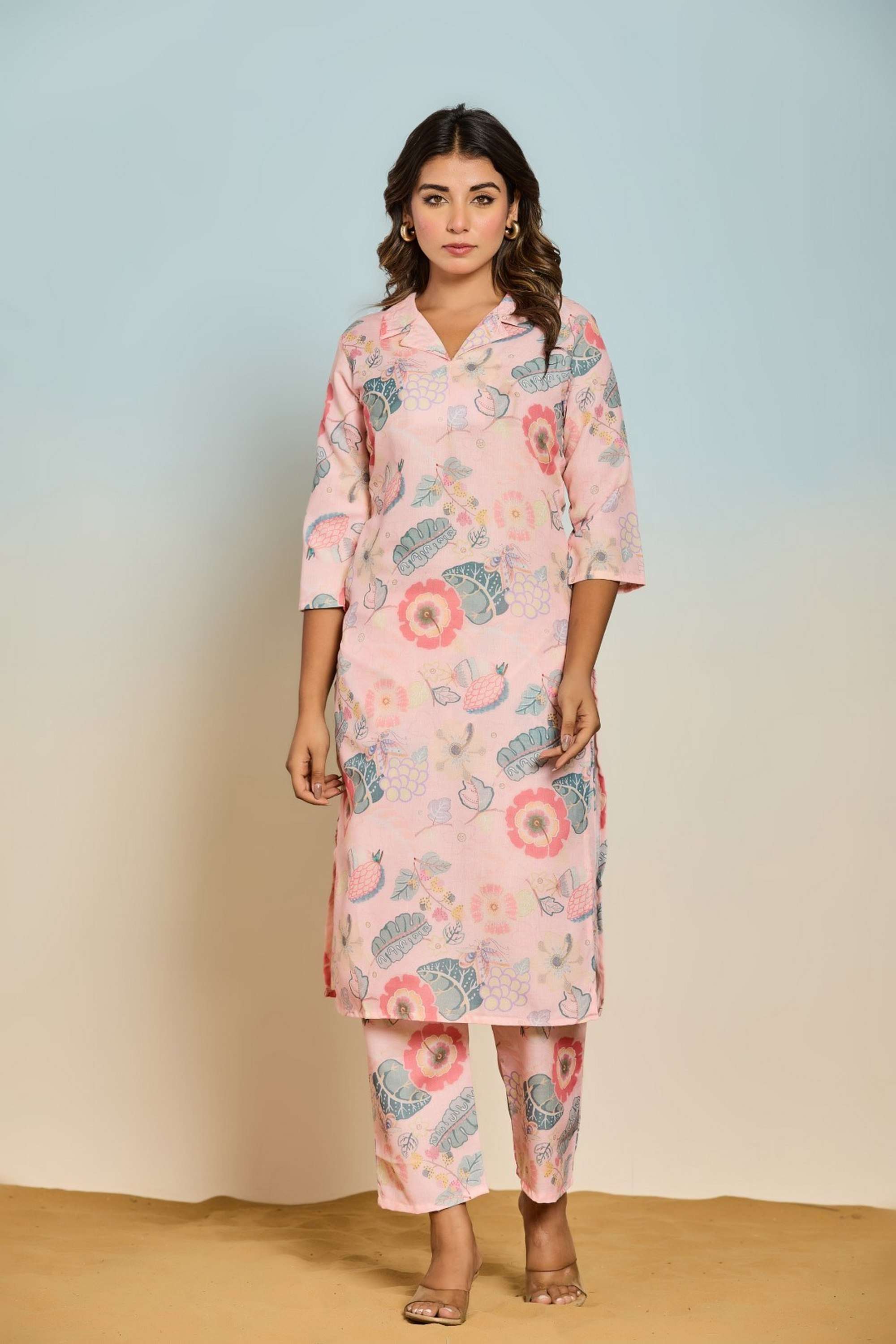 Printed-Cotton-Blend-V-Neck-Women-s-Co-Ord-Set