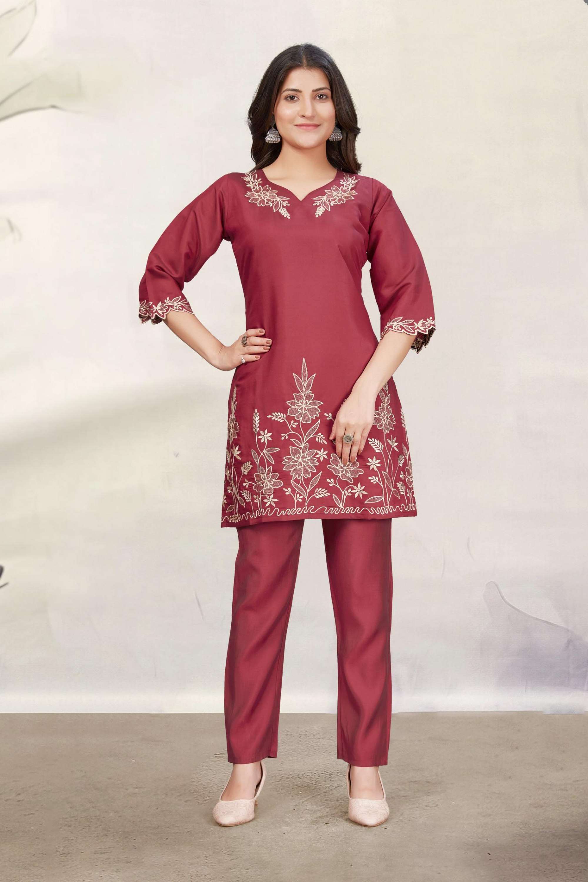 Embroidered-Blended-Fabric-V-Neck-Women-s-Co-Ord-Set