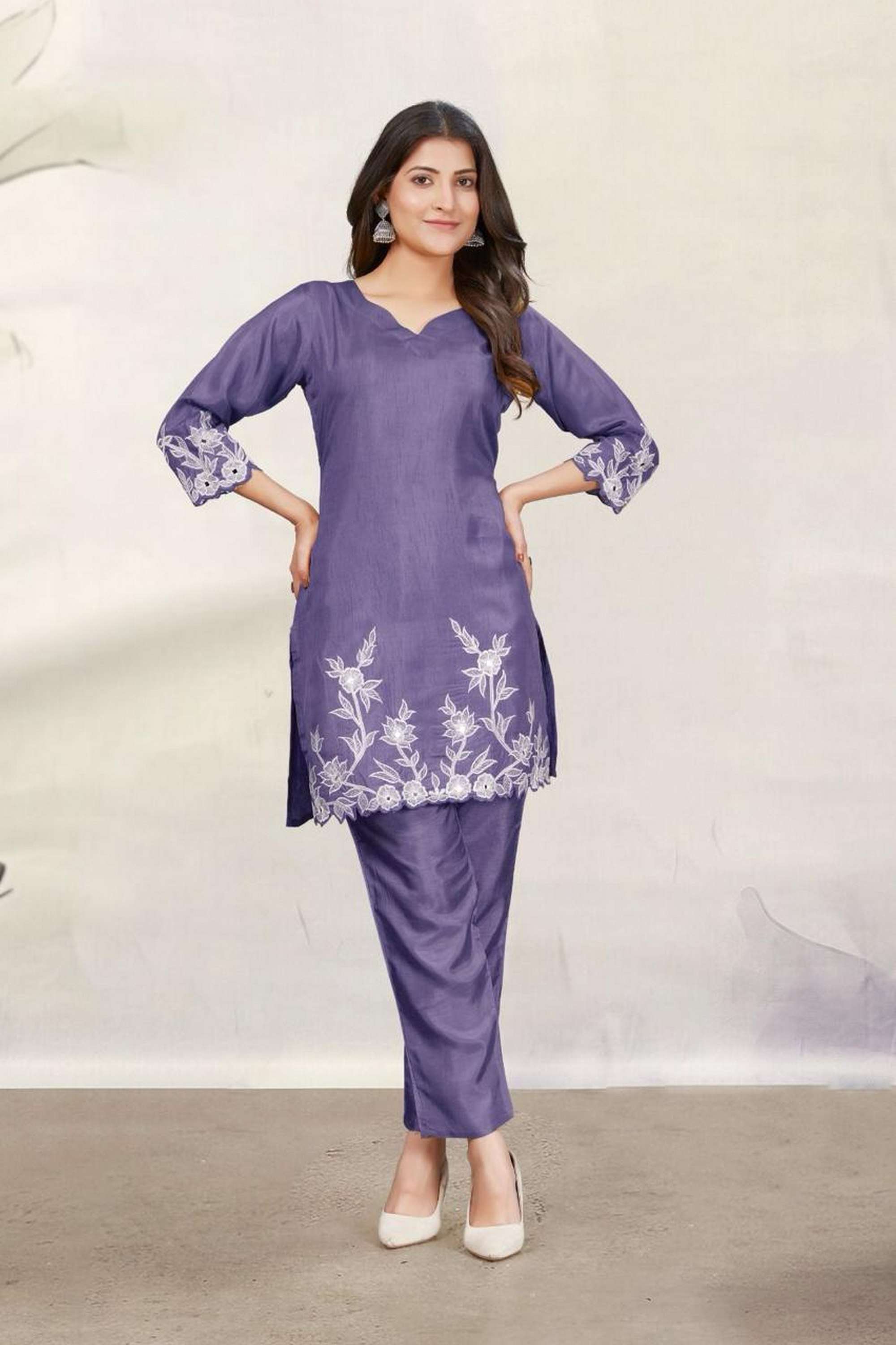 Embroidered-Blended-Fabric-V-Neck-Women-s-Co-Ord-Set