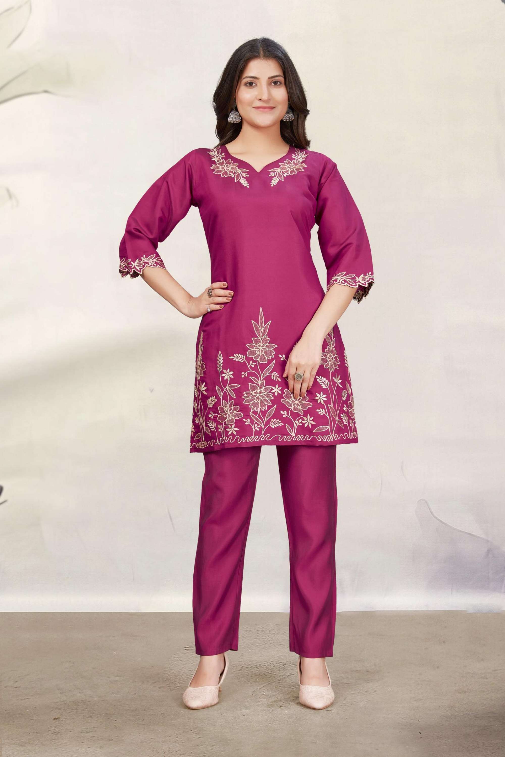Embroidered-Blended-Fabric-V-Neck-Women-s-Co-Ord-Set