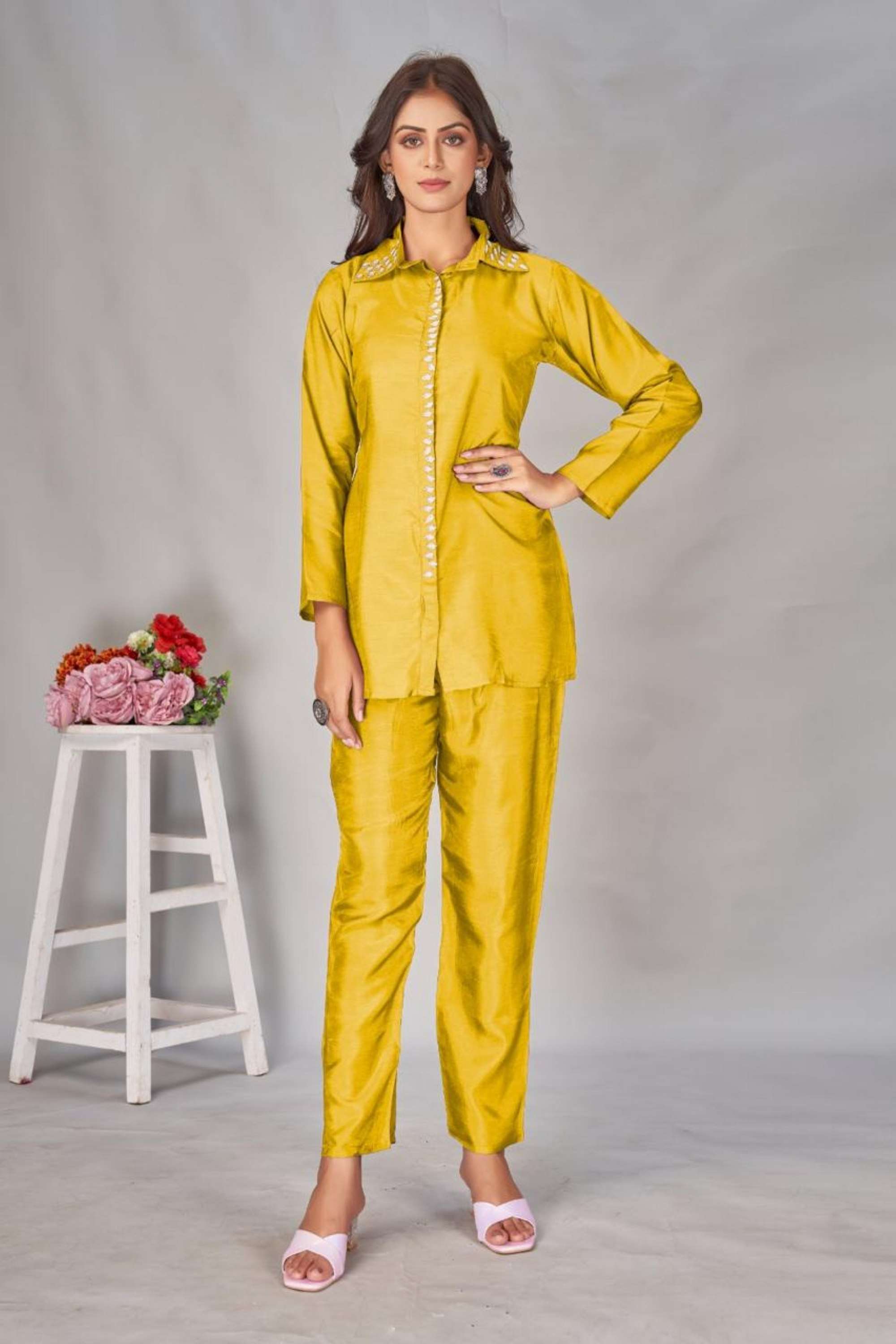 Solid-Blended-Fabric-Collared-Women-s-Co-Ord-Set