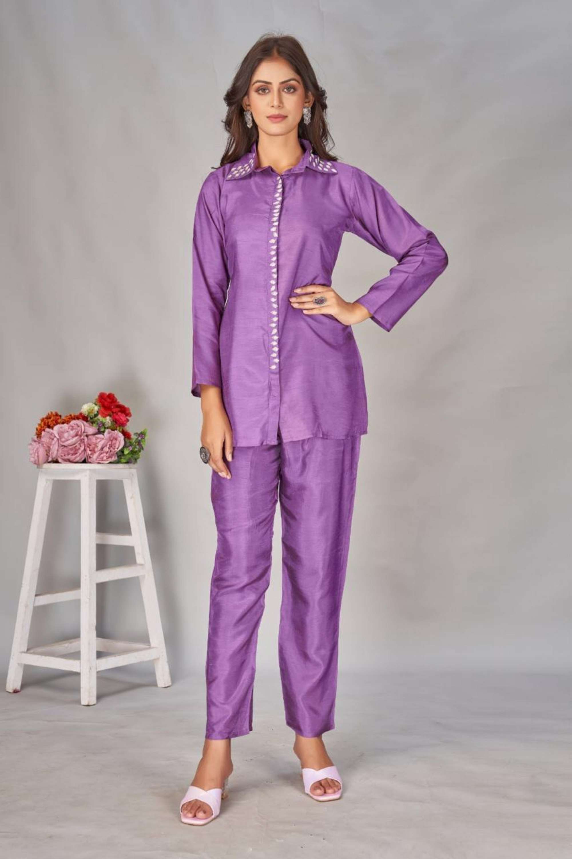 Solid-Blended-Fabric-Collared-Women-s-Co-Ord-Set