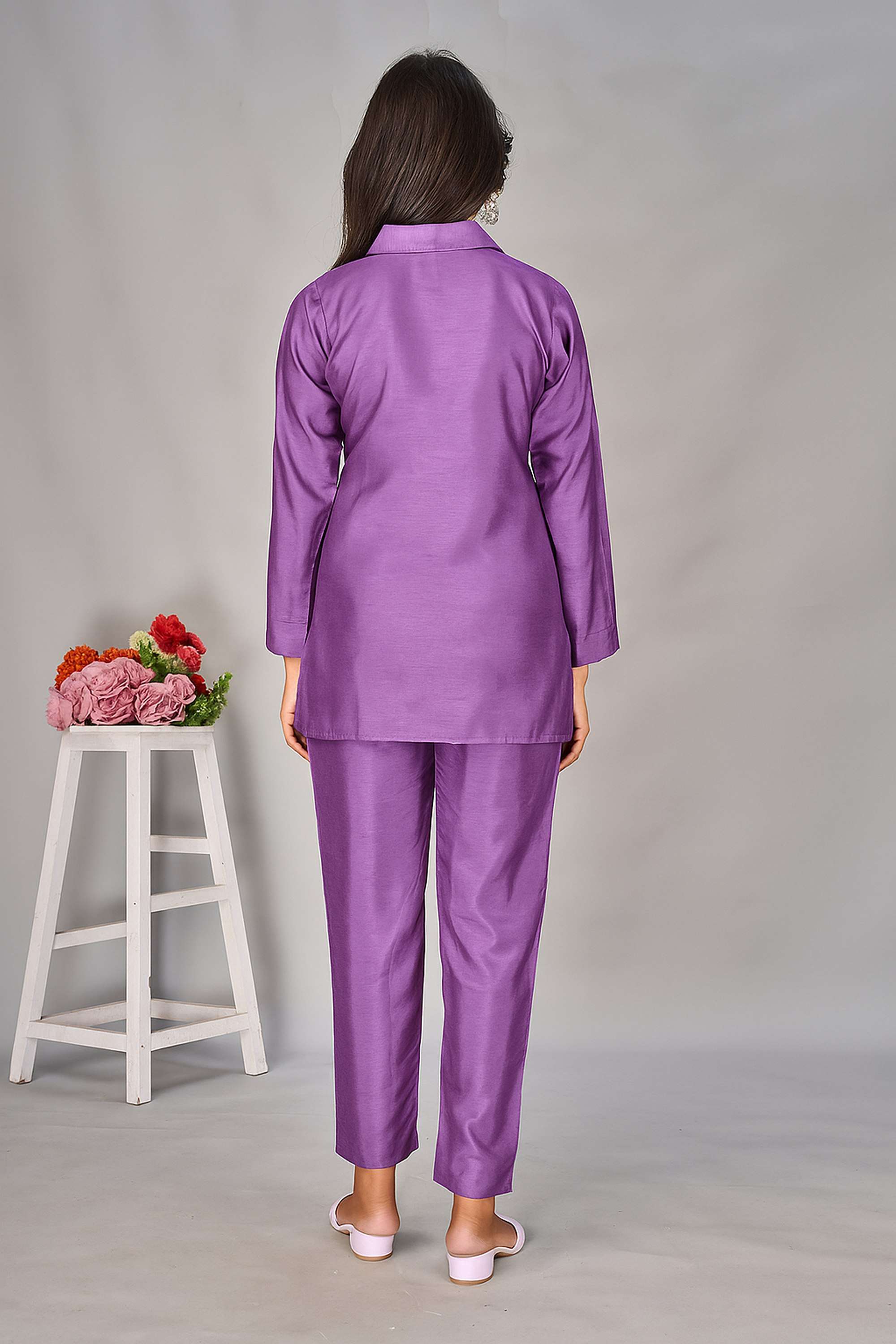 Solid-Blended-Fabric-Collared-Women-s-Co-Ord-Set