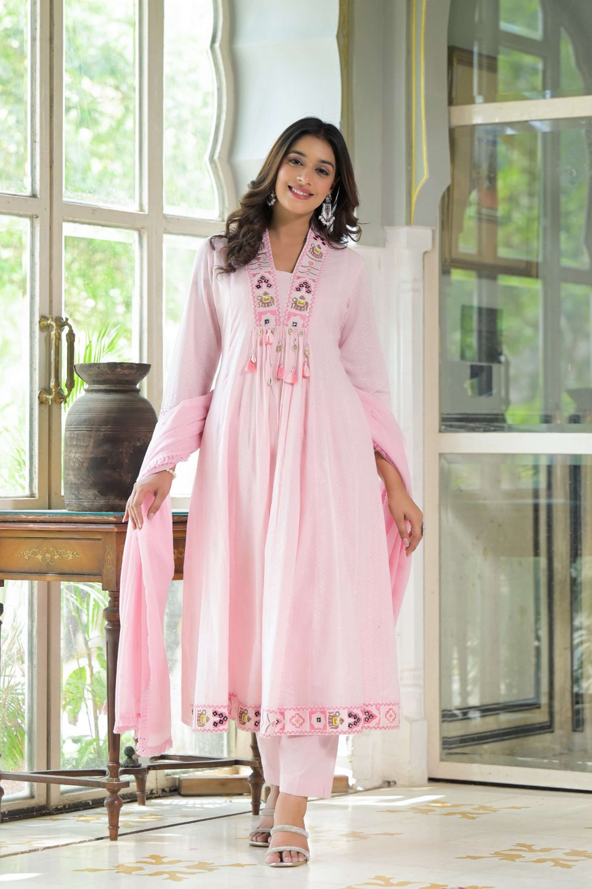 Solid-Cotton-V-Neck-Women-s-Kurta-Set