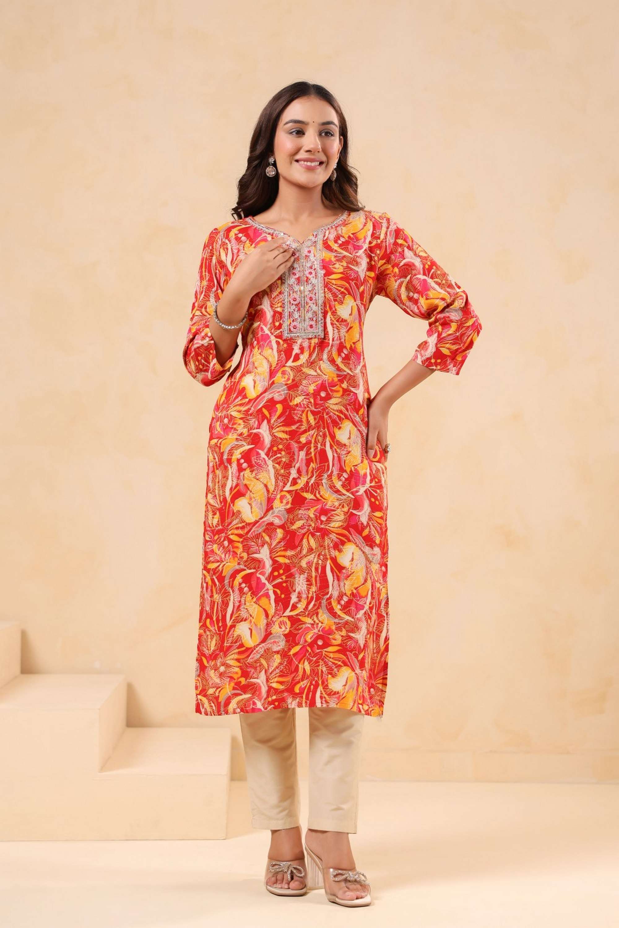Solid-Calf-Length-Cotton-Blend-Woven-Women-s-Kurti