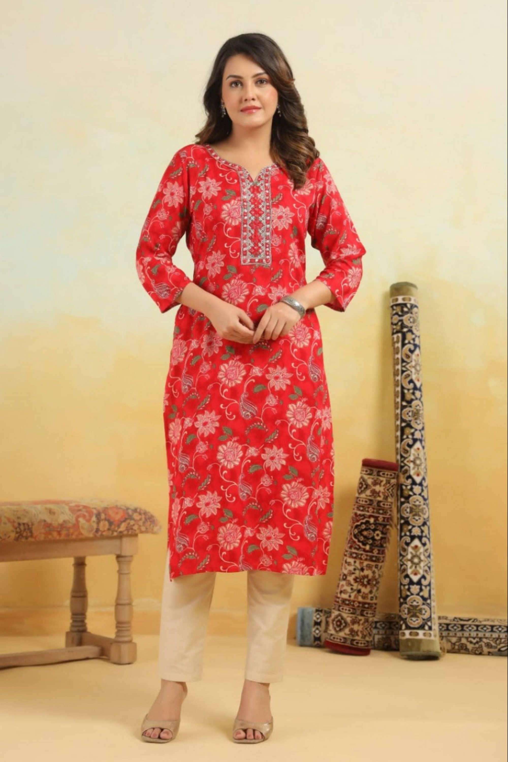 Solid-Cotton-Blend-Women-s-Ethnic-Kurti