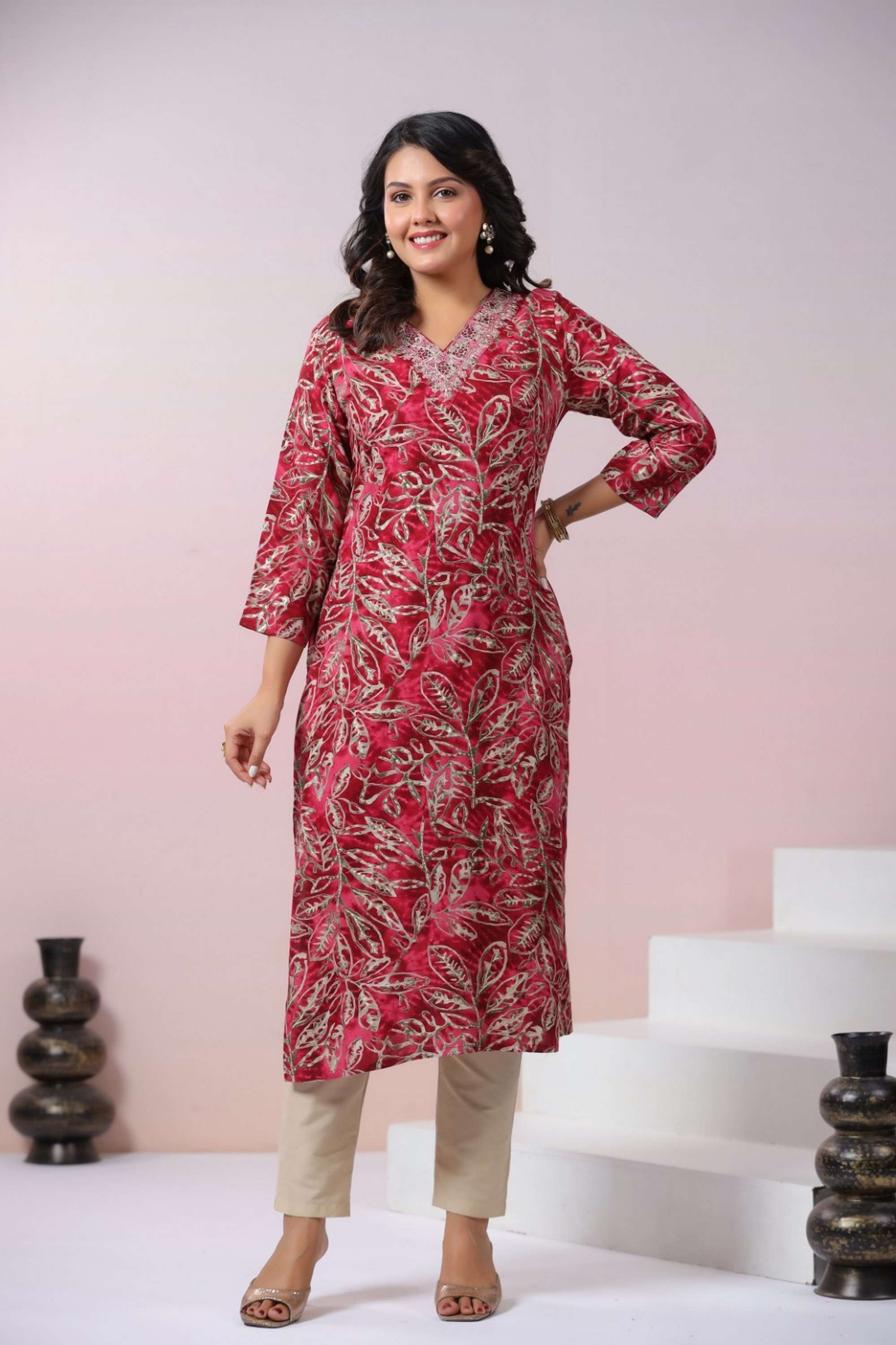 Solid-Calf-Length-Cotton-Blend-Woven-Women-s-Kurti