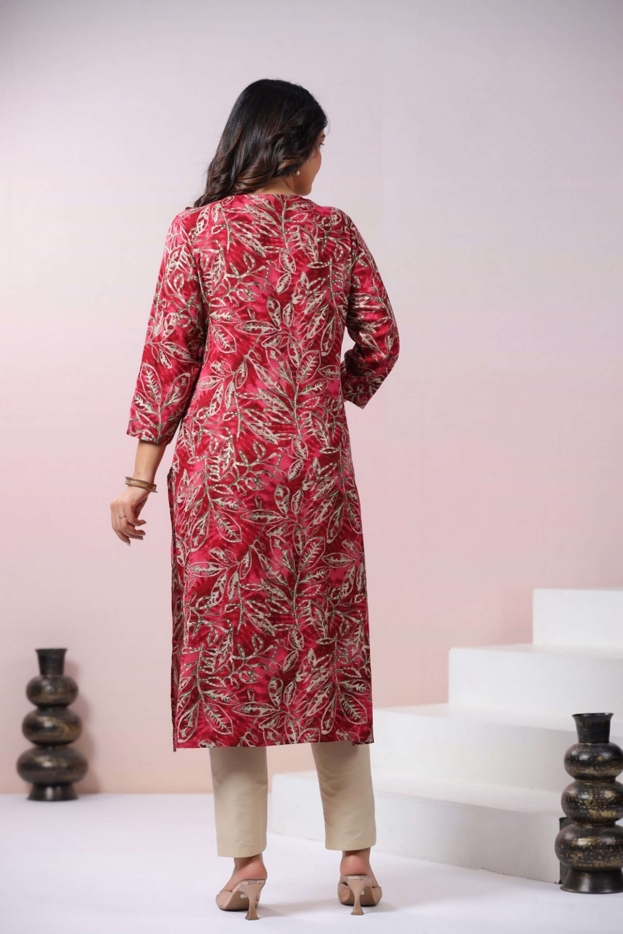 Solid-Calf-Length-Cotton-Blend-Woven-Women-s-Kurti