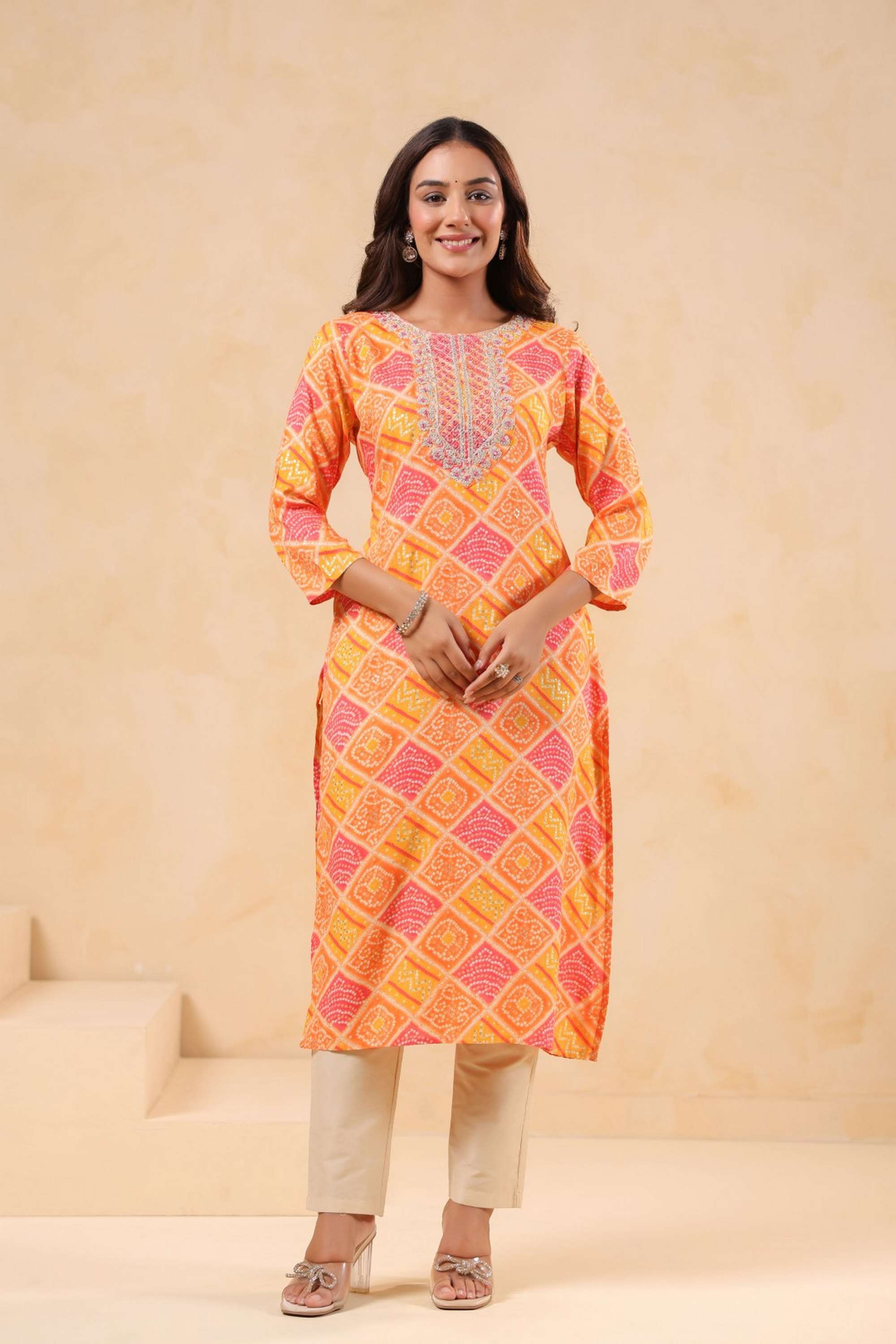 Solid-Calf-Length-Cotton-Blend-Woven-Women-s-Kurti