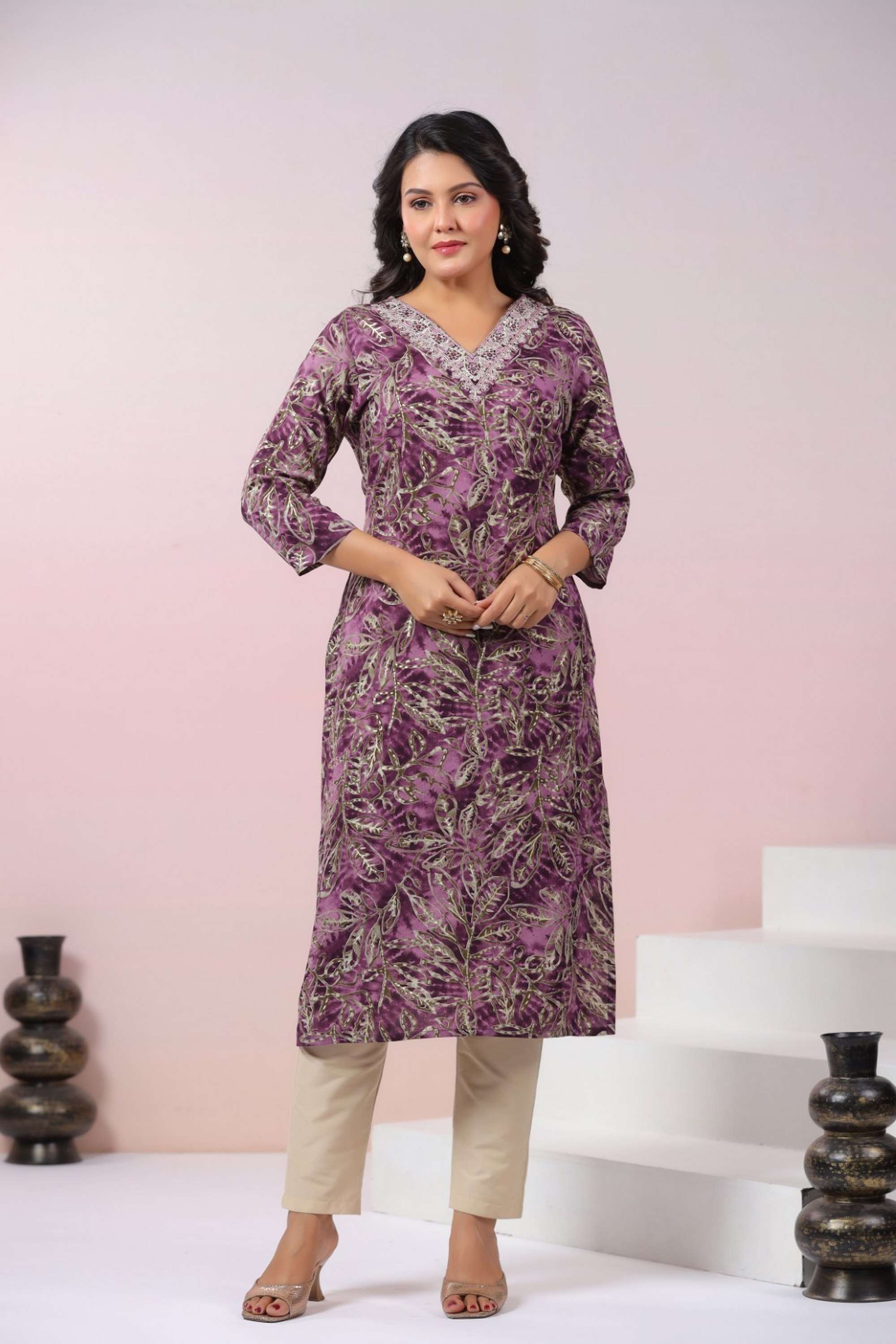 Solid-Calf-Length-Cotton-Blend-Woven-Women-s-Kurti