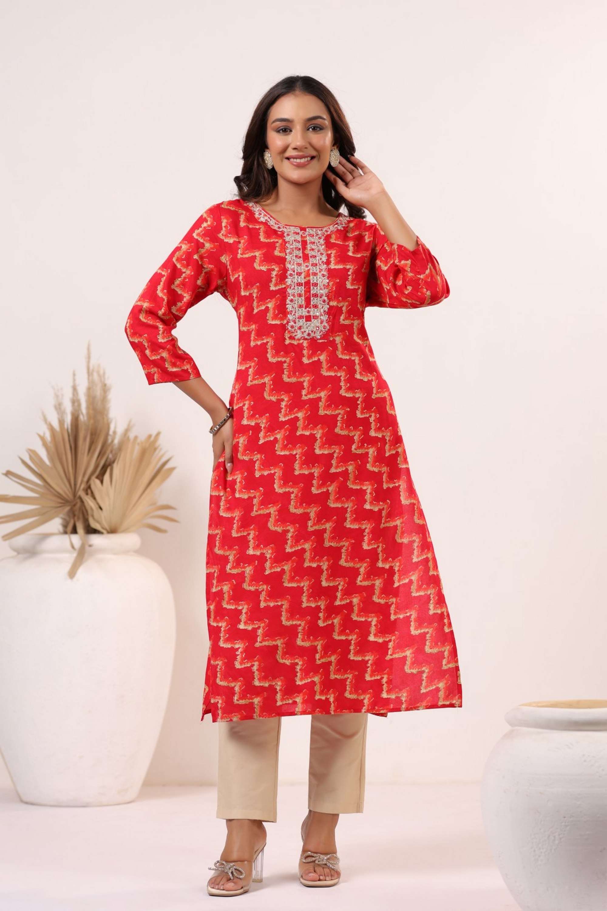 Solid-Calf-Length-Cotton-Blend-Woven-Women-s-Kurti