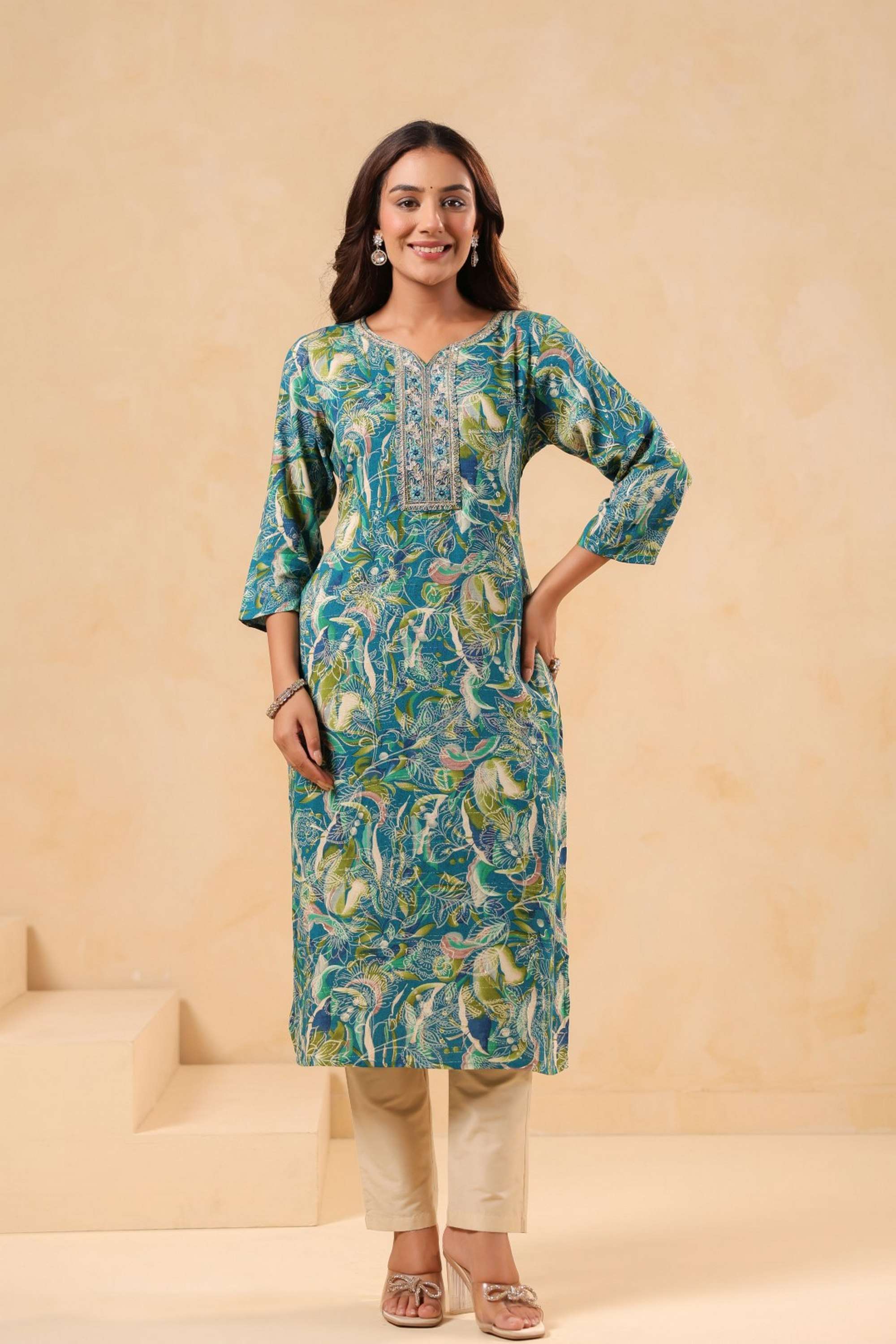 Solid-Calf-Length-Cotton-Blend-Woven-Women-s-Kurti
