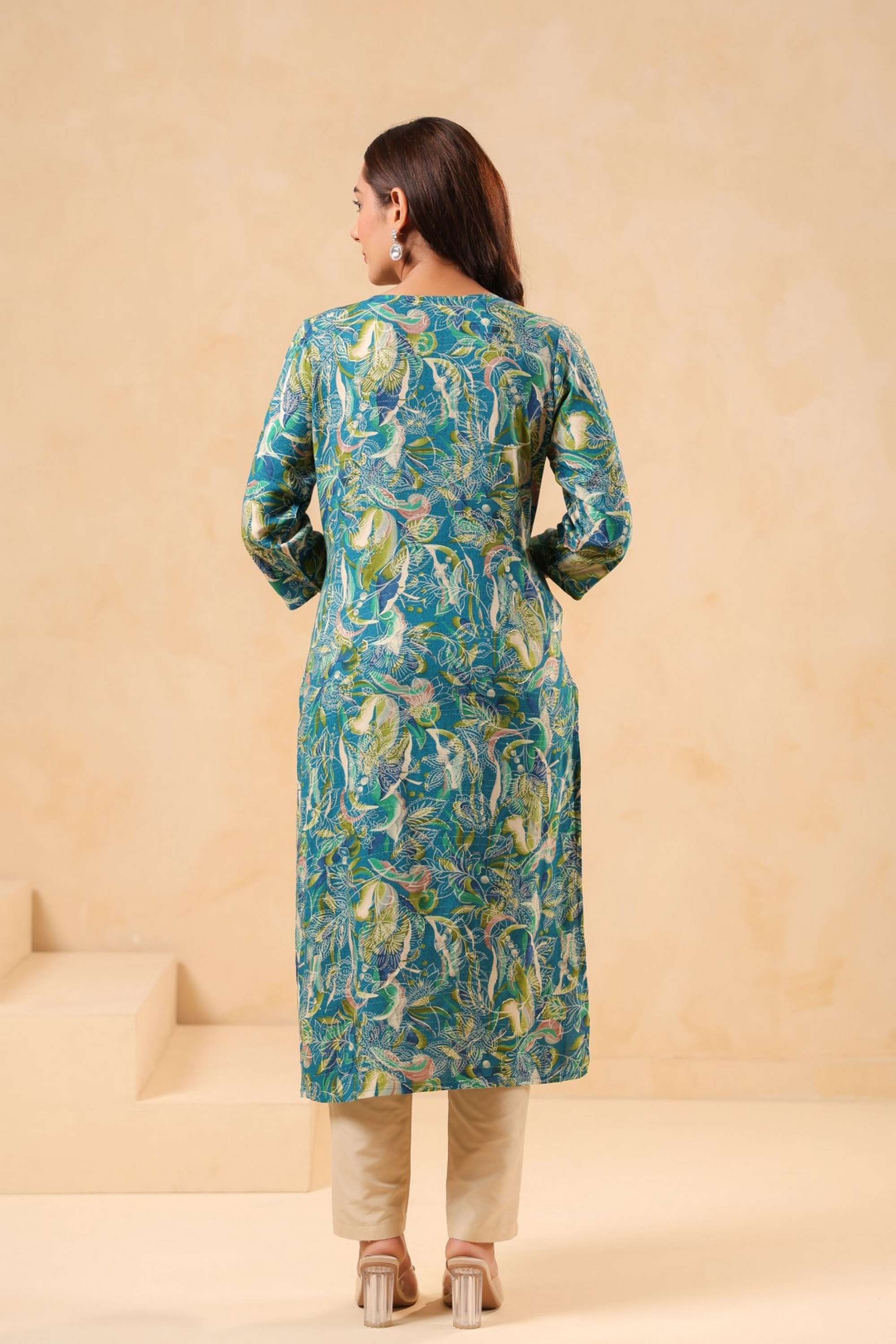 Solid-Calf-Length-Cotton-Blend-Woven-Women-s-Kurti