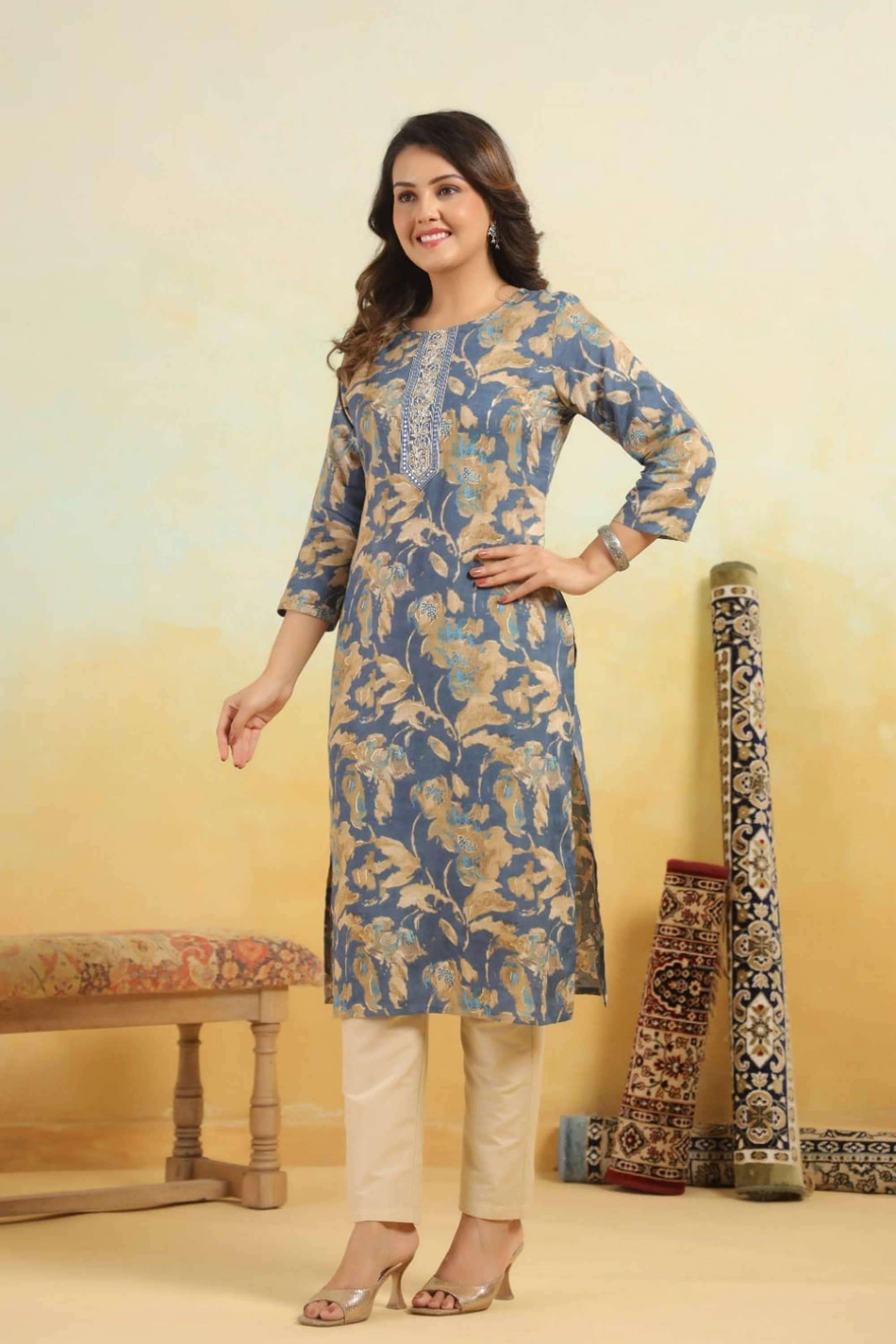 Solid-Cotton-Blend-Women-s-Ethnic-Kurti