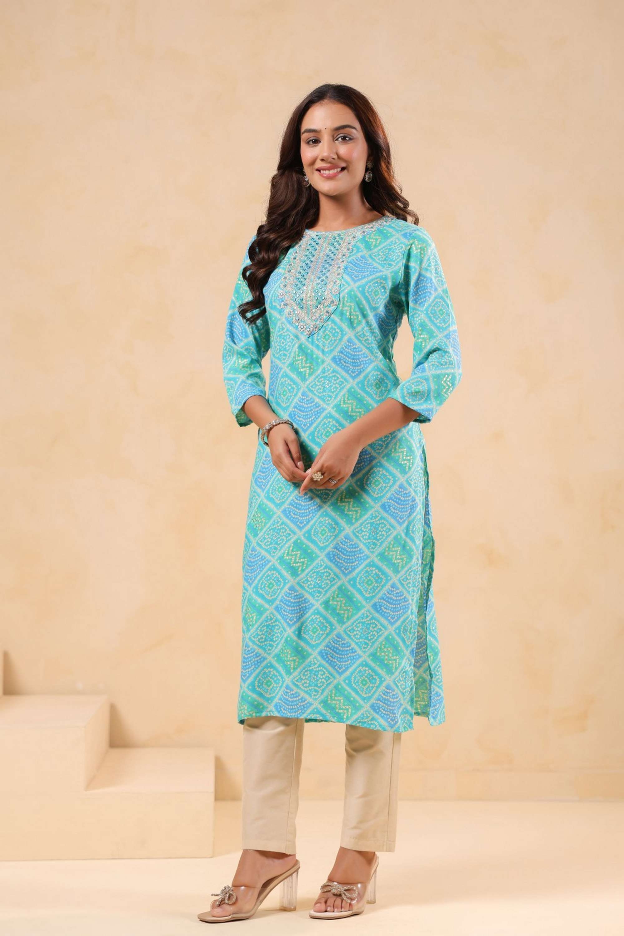 Solid-Calf-Length-Cotton-Blend-Woven-Women-s-Kurti