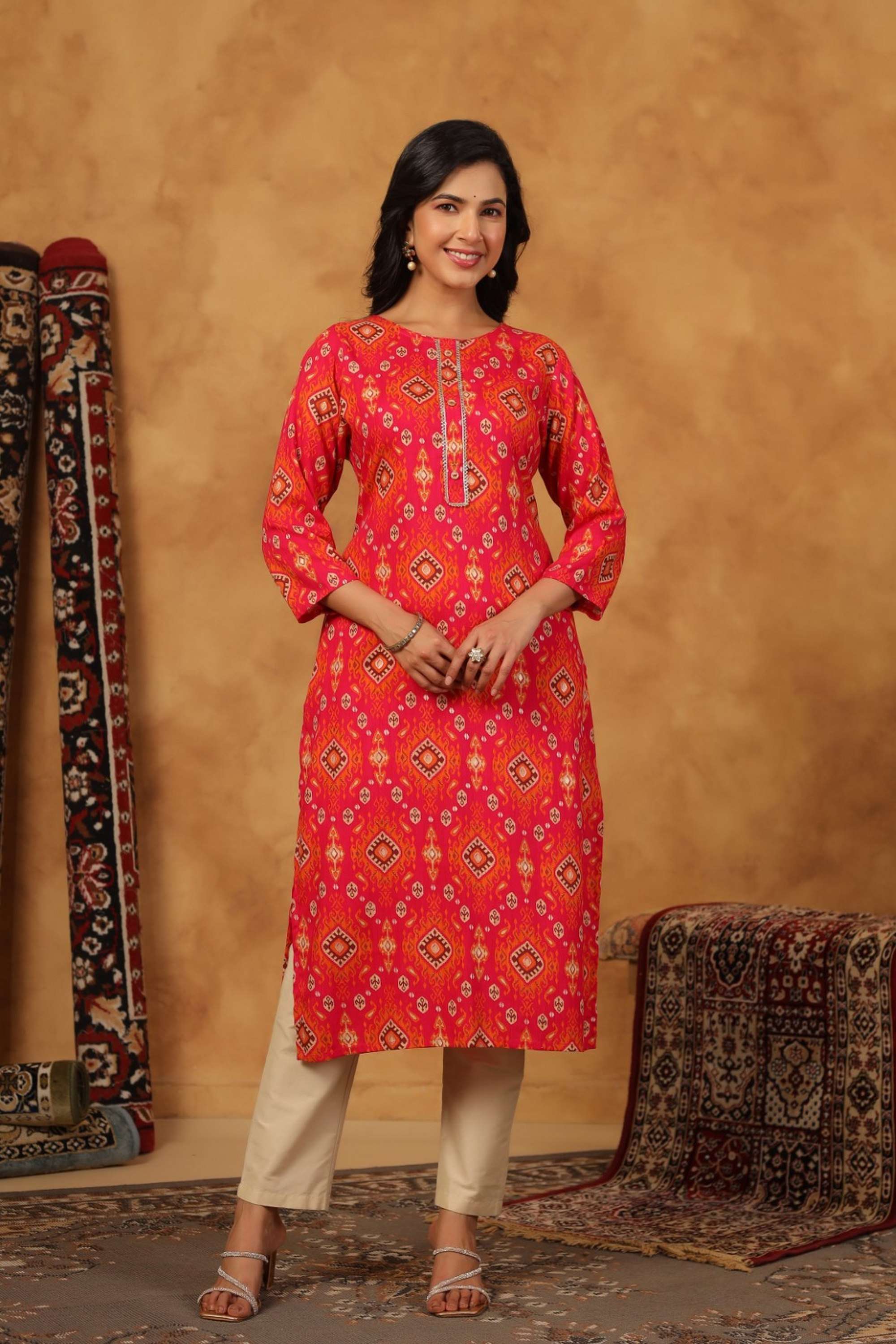 Solid-Calf-Length-Cotton-Blend-Woven-Women-s-Kurti
