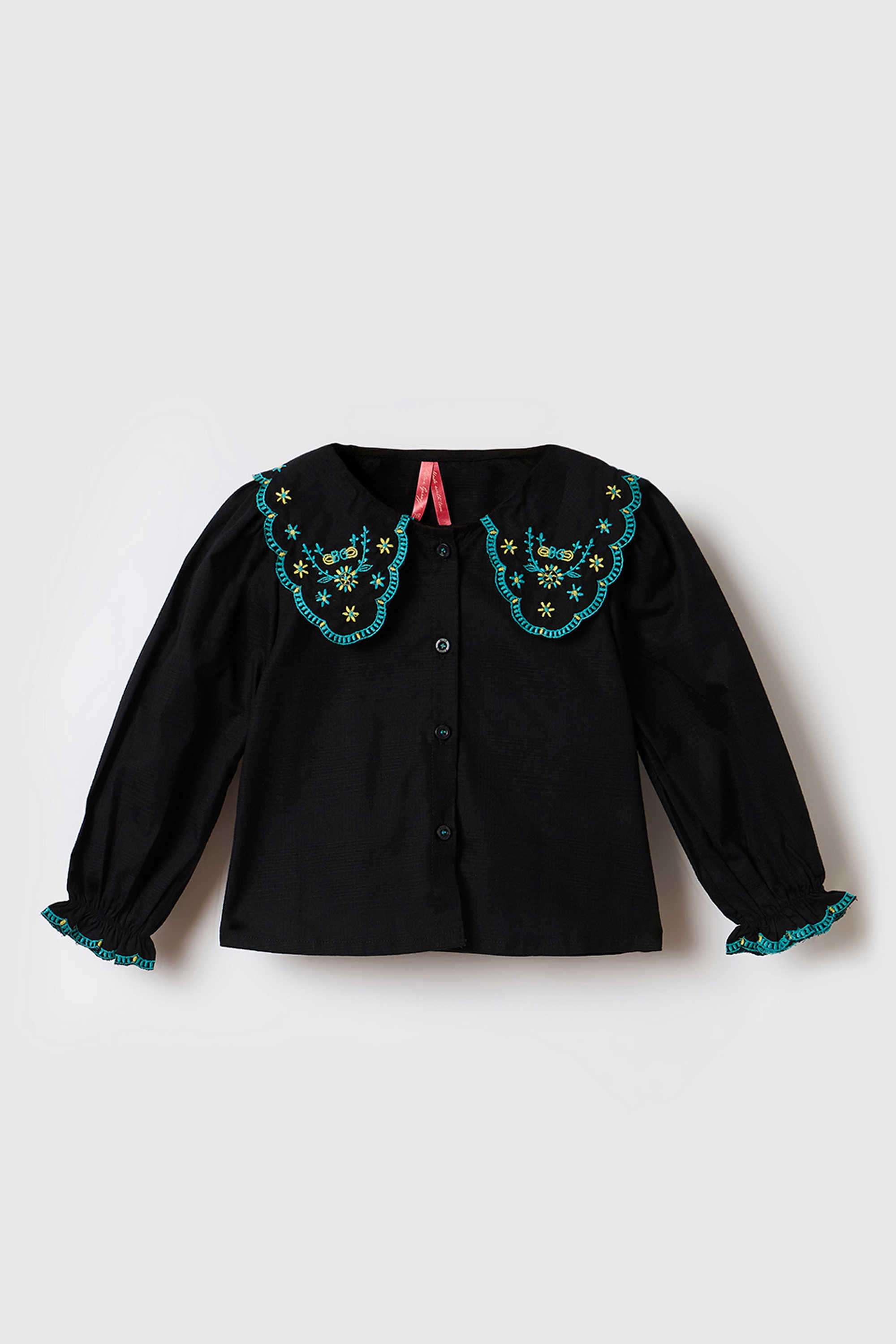 Solid-Blended-Fabric-Collared-Girl-s-Top