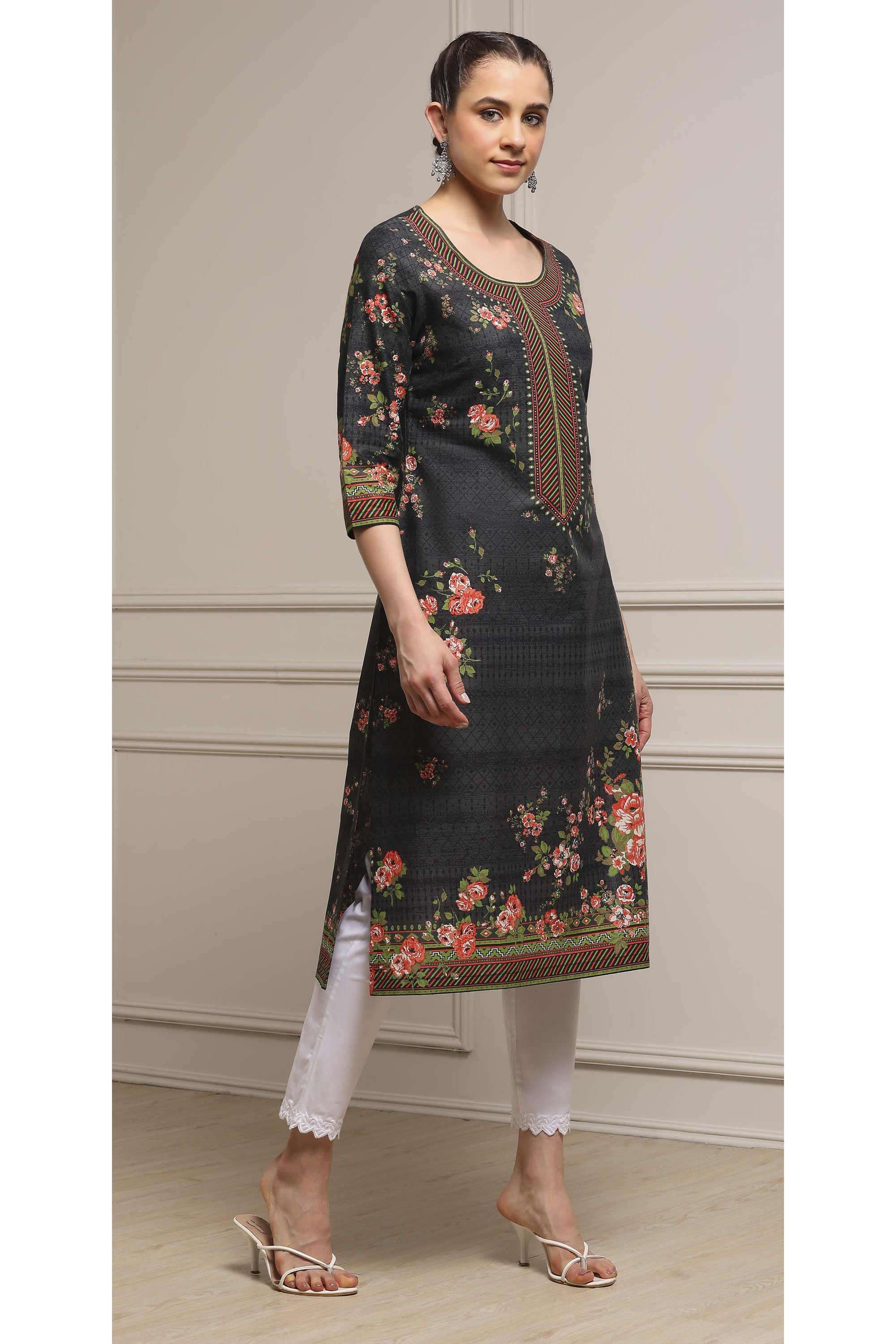 Floral-Cotton-Round-Neck-Women-Fusion-Wear-Kurta