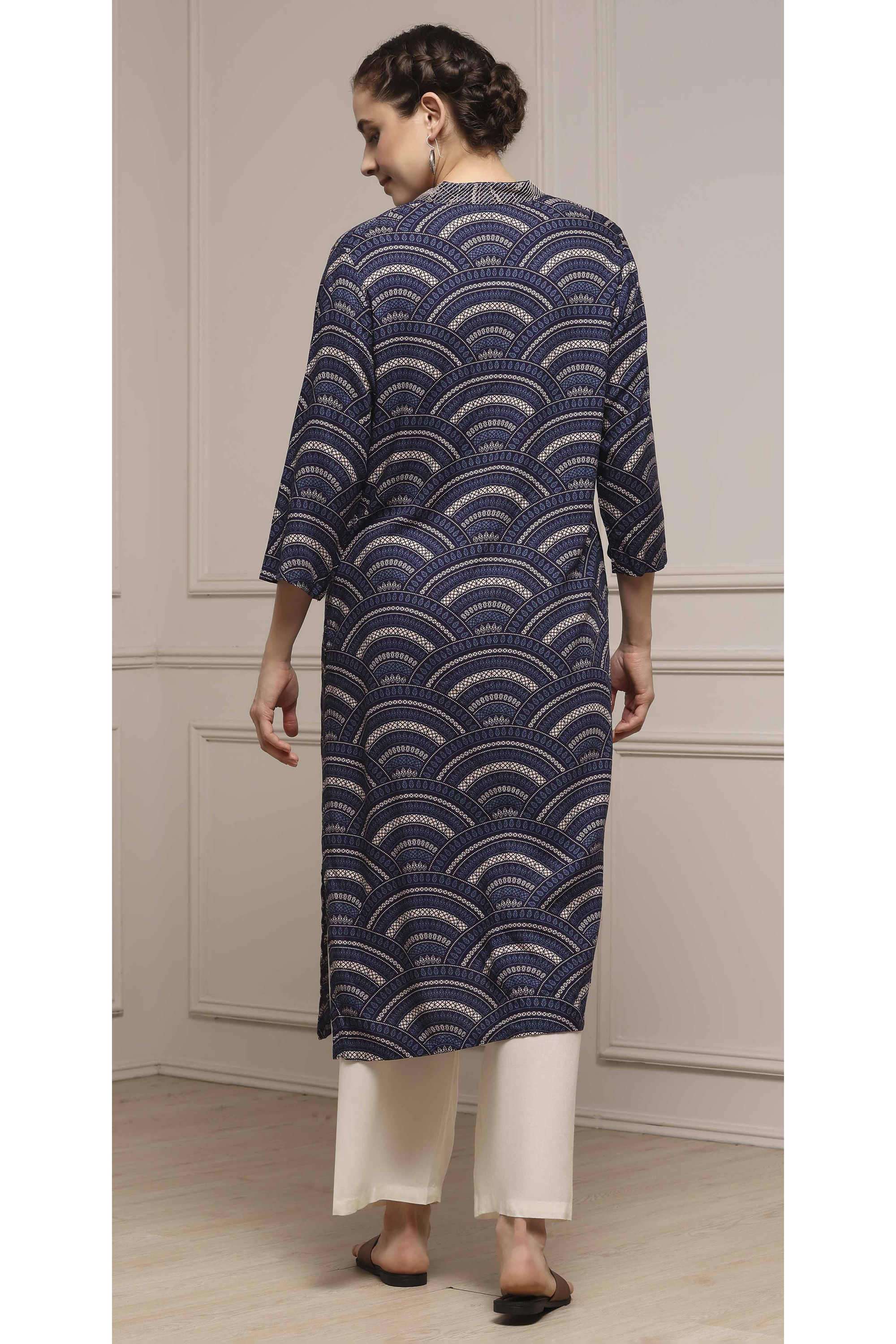 Printed-Rayon-Y-Neck-Women-Fusion-Wear-Kurta