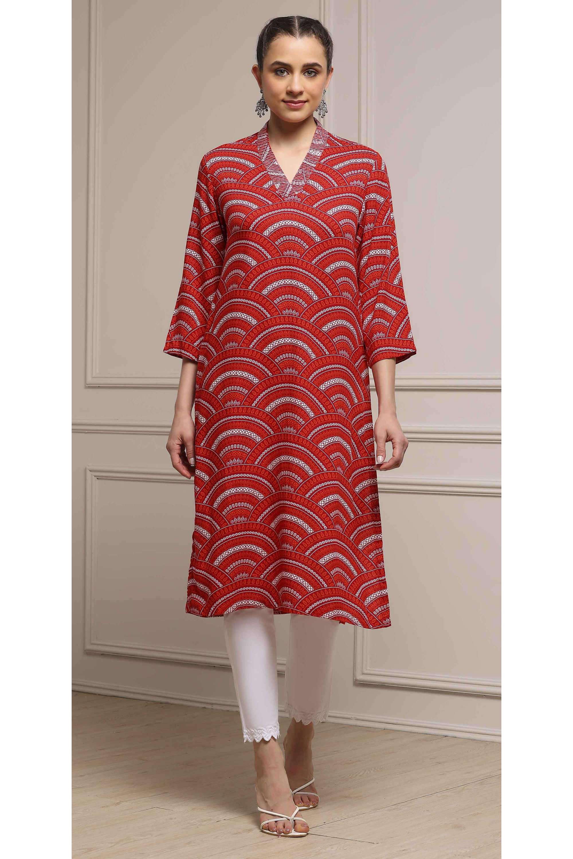 Geometric-Print-Rayon-Y-Neck-Women-Fusion-Wear-Kurta