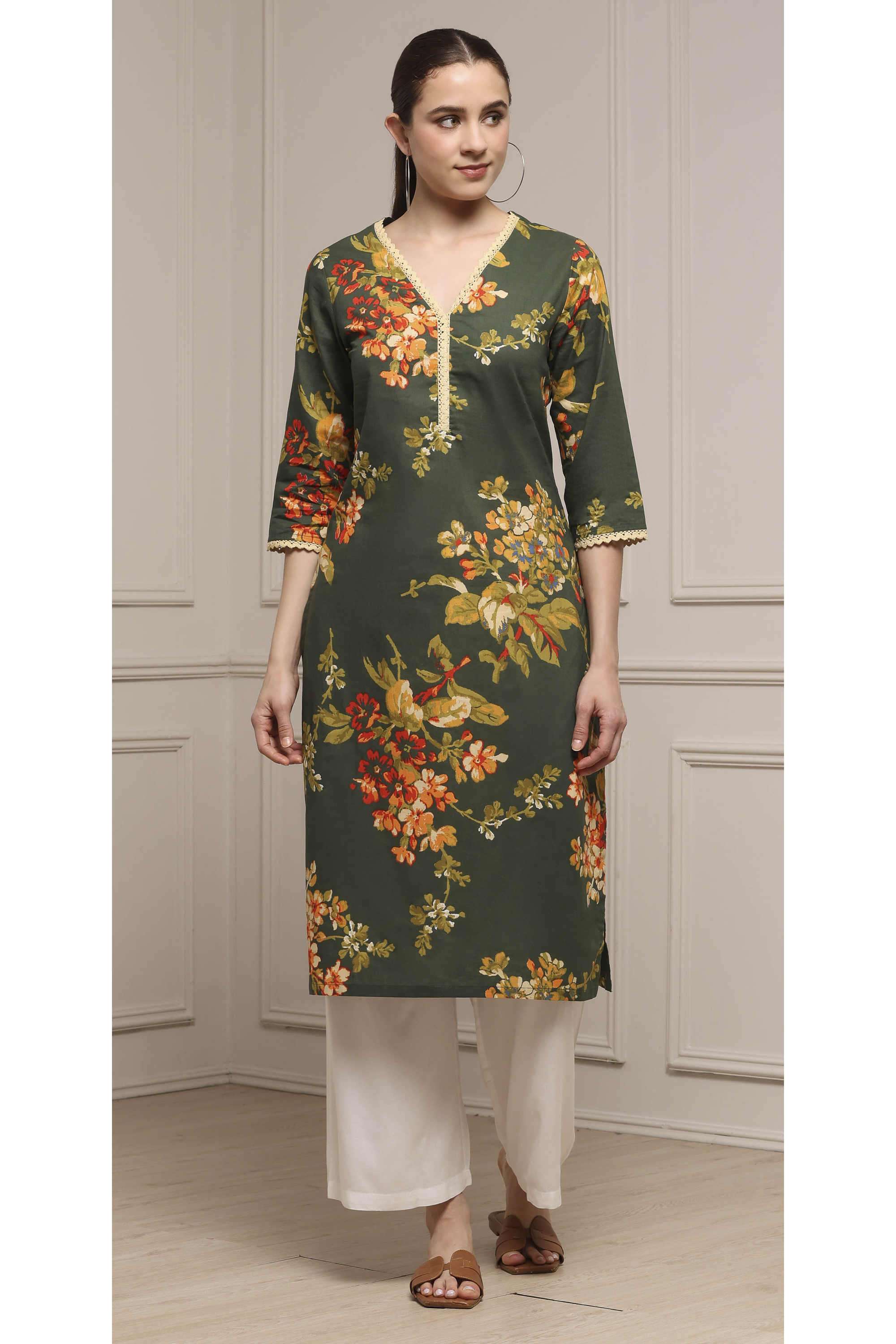 Floral-Cotton-Y-Neck-Women-Fusion-Wear-Kurta