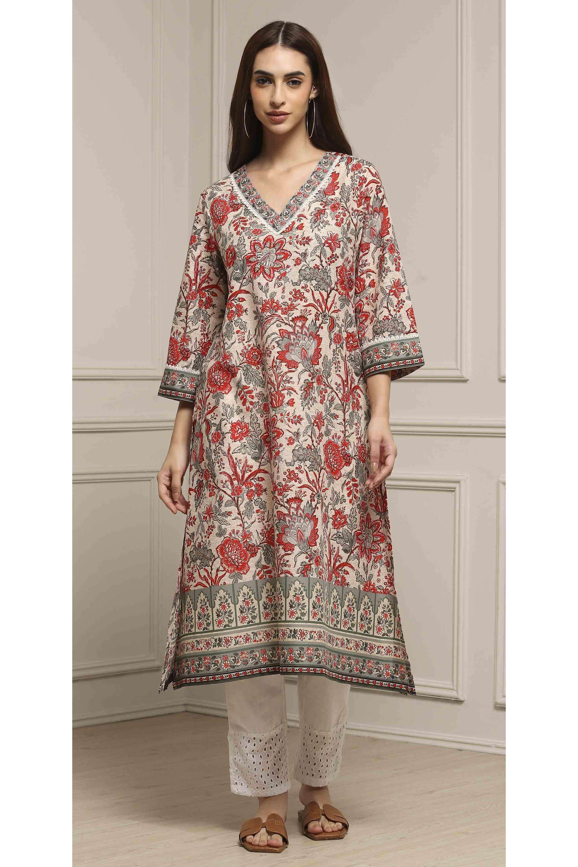 Floral-Cotton-V-Neck-Women-Fusion-Wear-Kurta