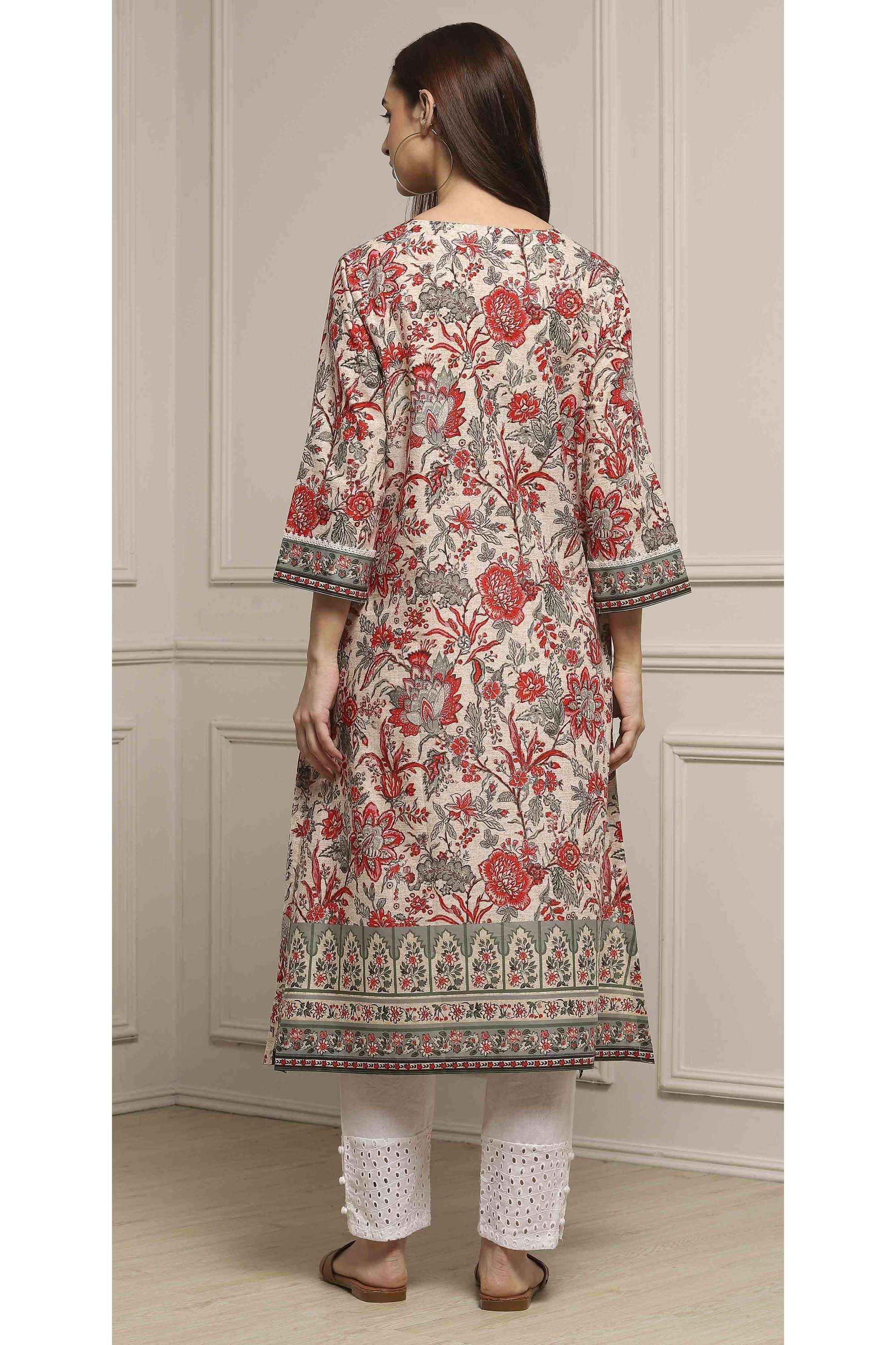 Floral-Cotton-V-Neck-Women-Fusion-Wear-Kurta