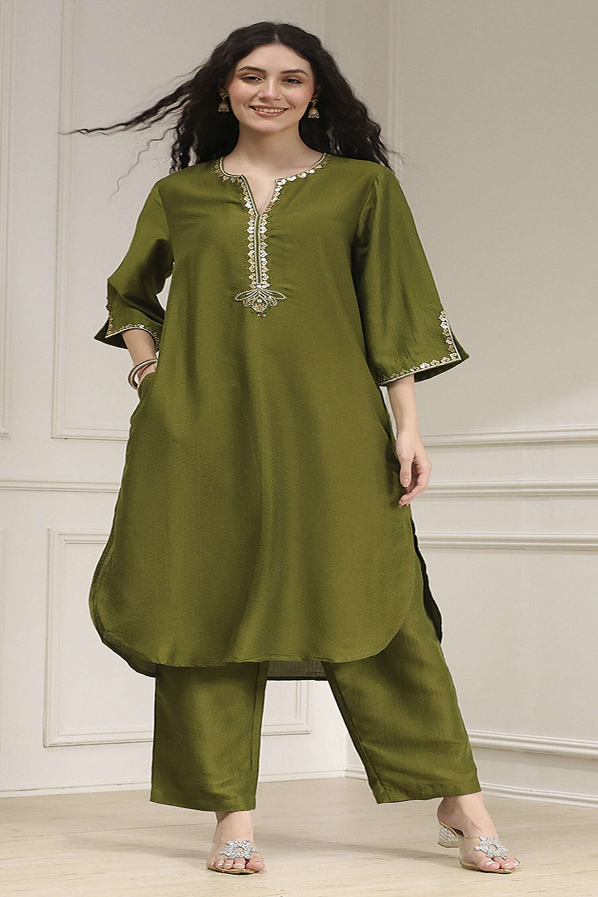 Tie-&-Dye-Polyester-Y-Neck-Women-s-Festive-Wear-Kurta-Set