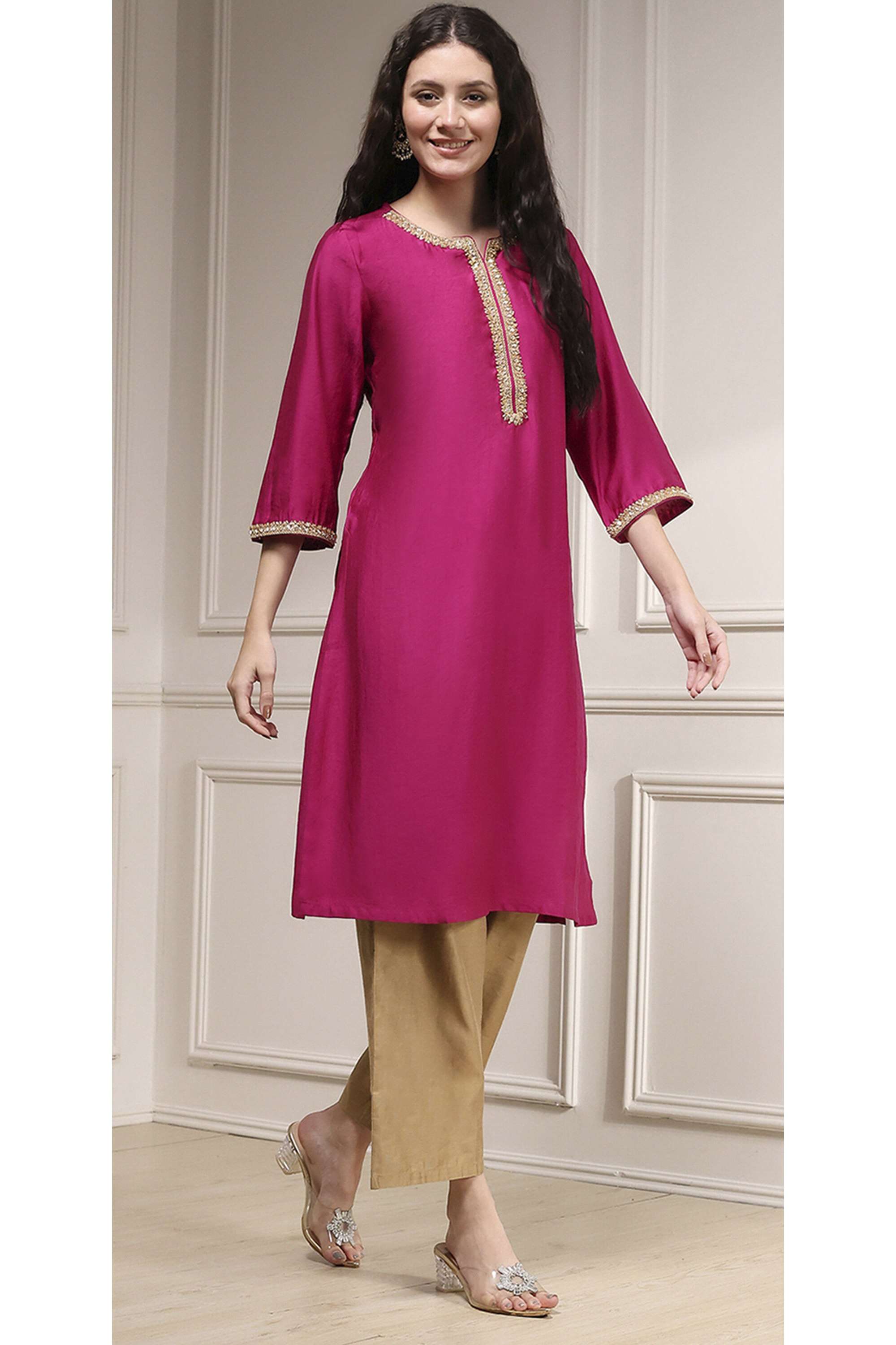 Solid-Polyester-Round-Neck-Women-s-Festive-Wear-Kurta