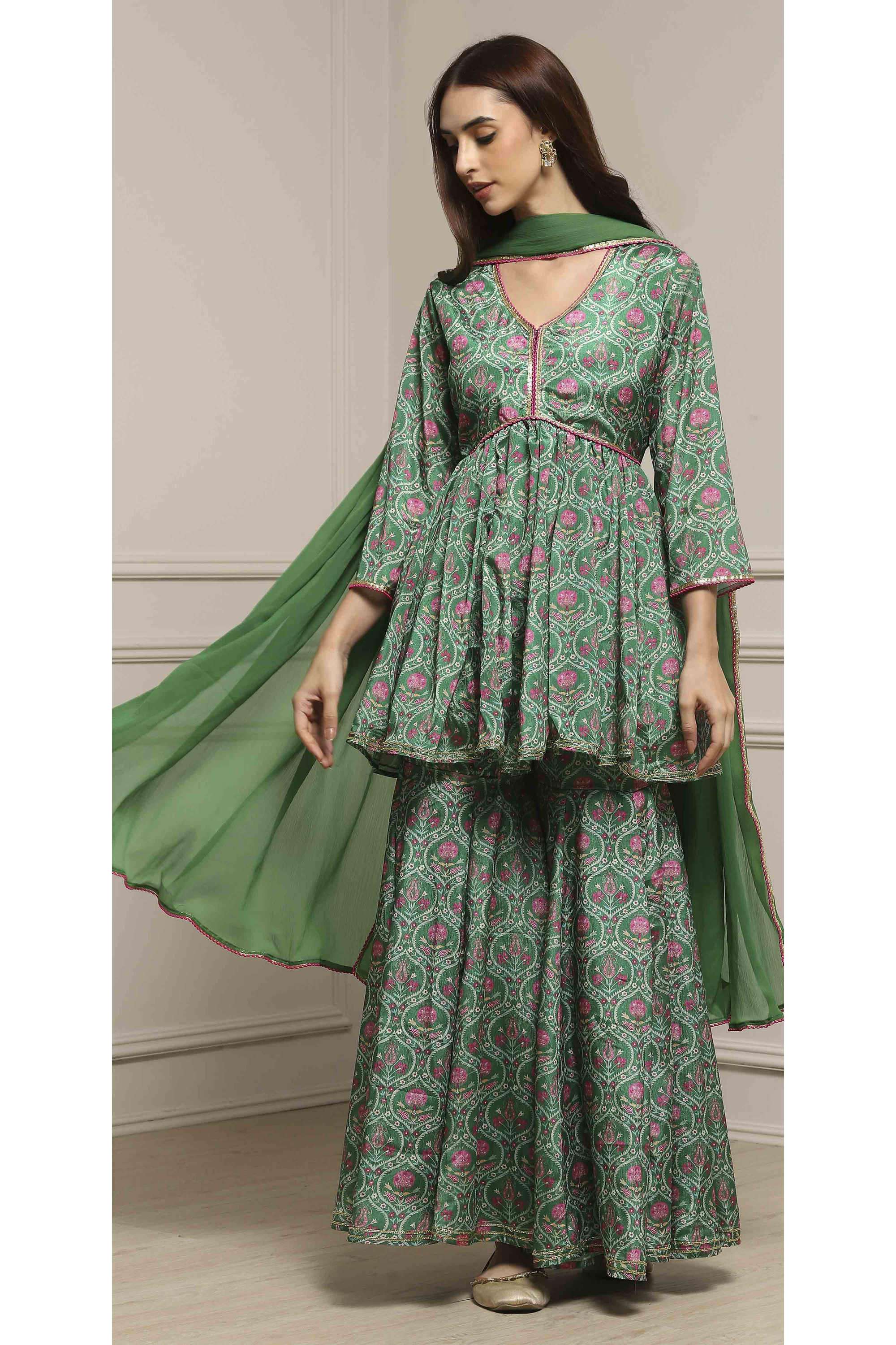 Floral-Y-Neck-Polyester-Women-Kurti-with-Palazzo-and-Dupatta