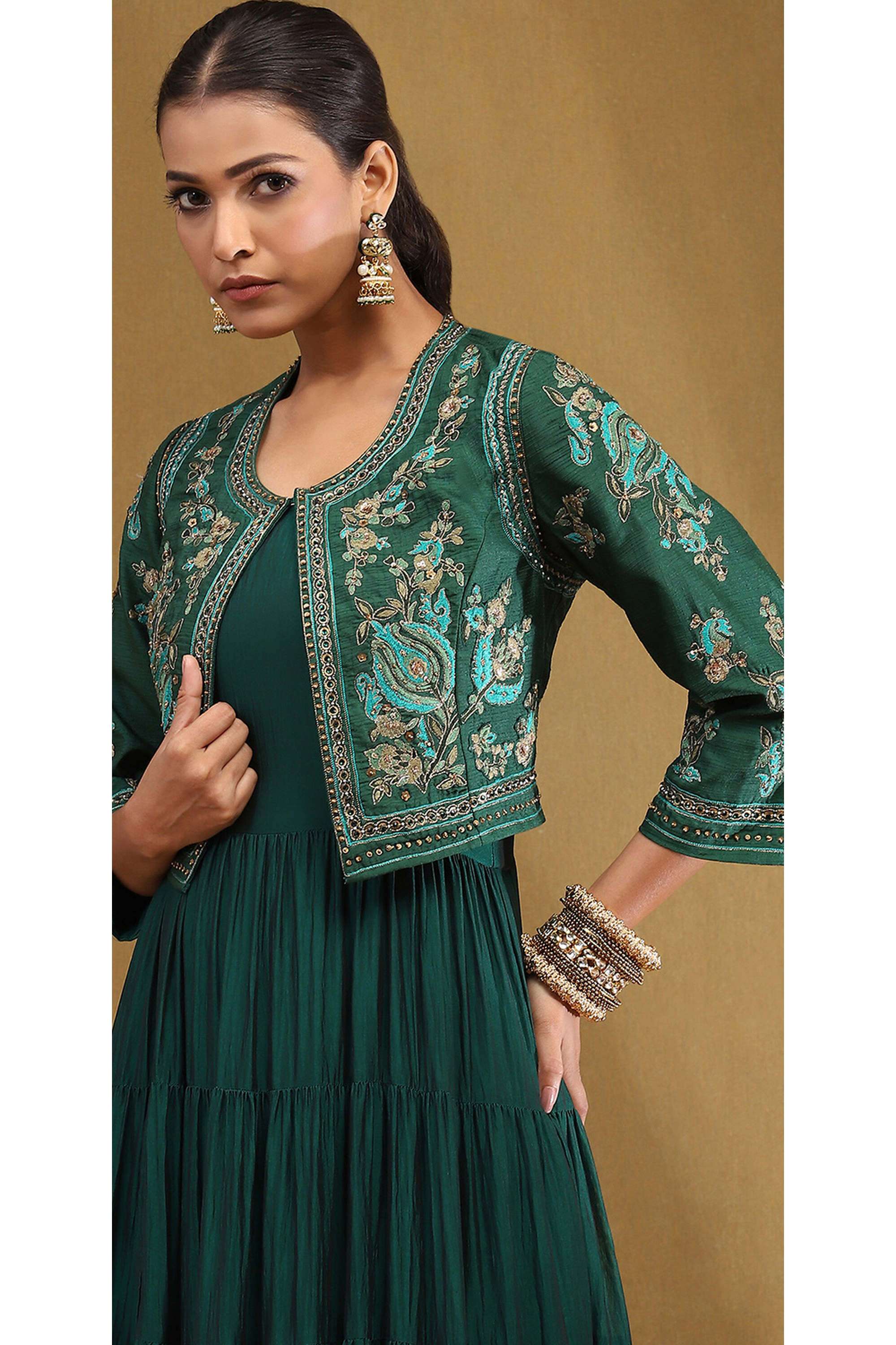 biba green dress with jacket Buy BIBA Emerald Green Silk Festive Tiered Anarkali Dress at Amazon.in