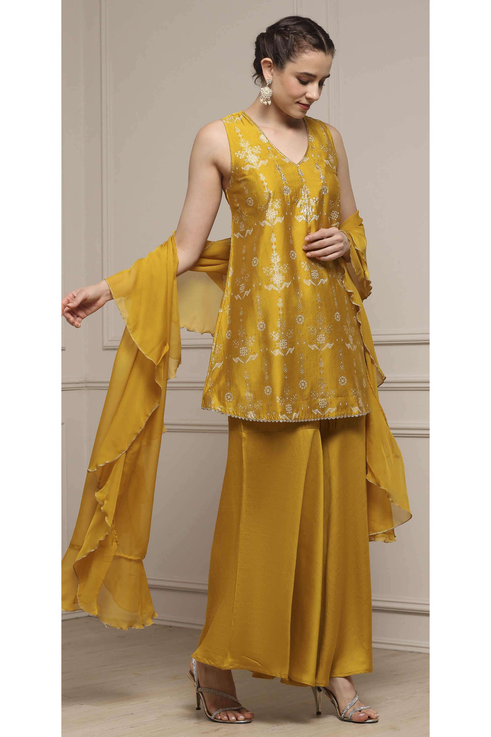 Floral-V-Neck-Viscose-Women-Kurti-with-Palazzo-and-Dupatta