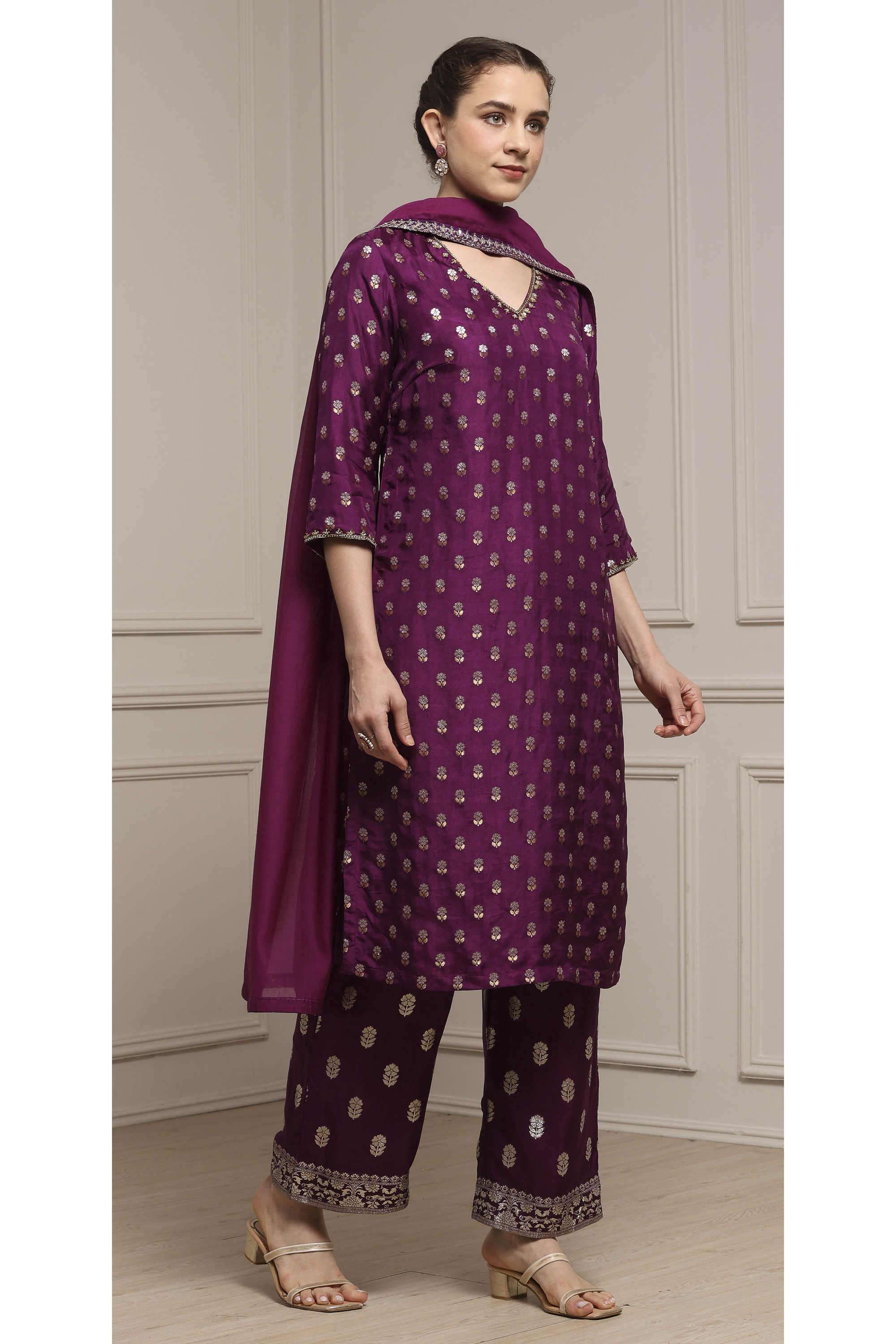 Floral-Y-Neck-Viscose-Women-Kurta-with-Pant-and-Dupatta