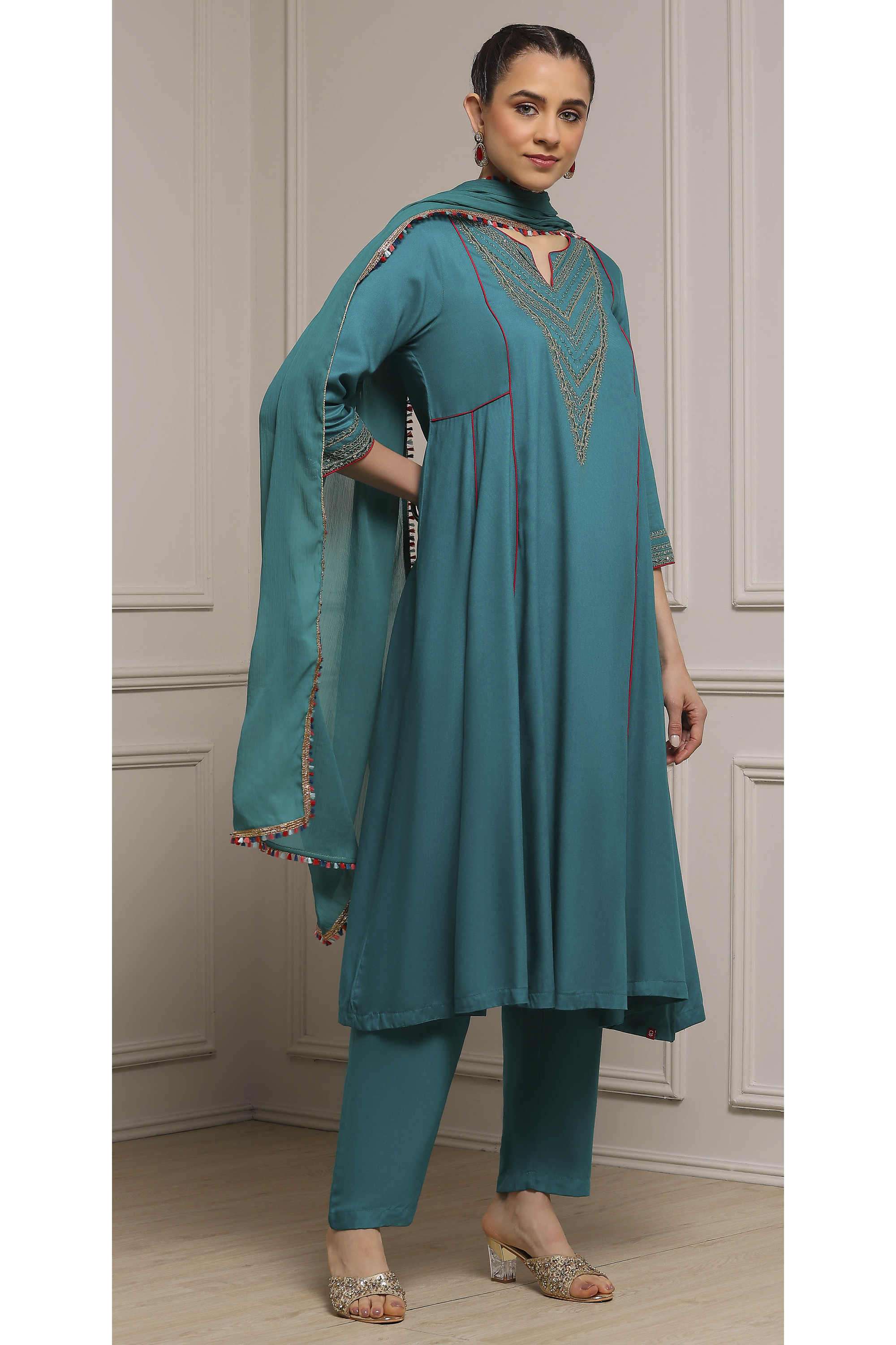 Embellished-Rayon-Round-Neck-Women-Festive-Wear-Kurta-with-Pant-and-Dupatta