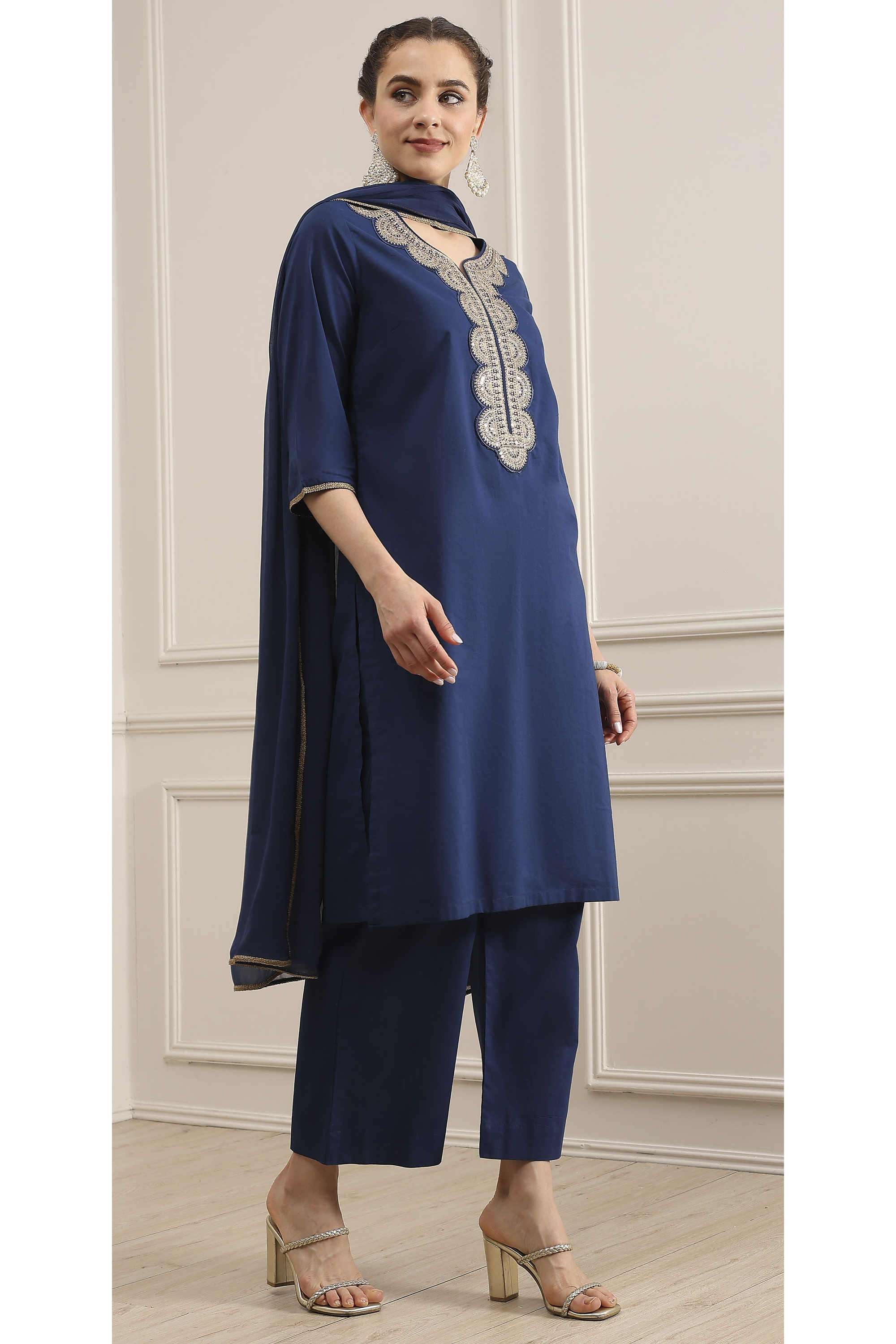Embellished-Y-Neck-Cotton-Women-Kurta-with-Pant-and-Dupatta