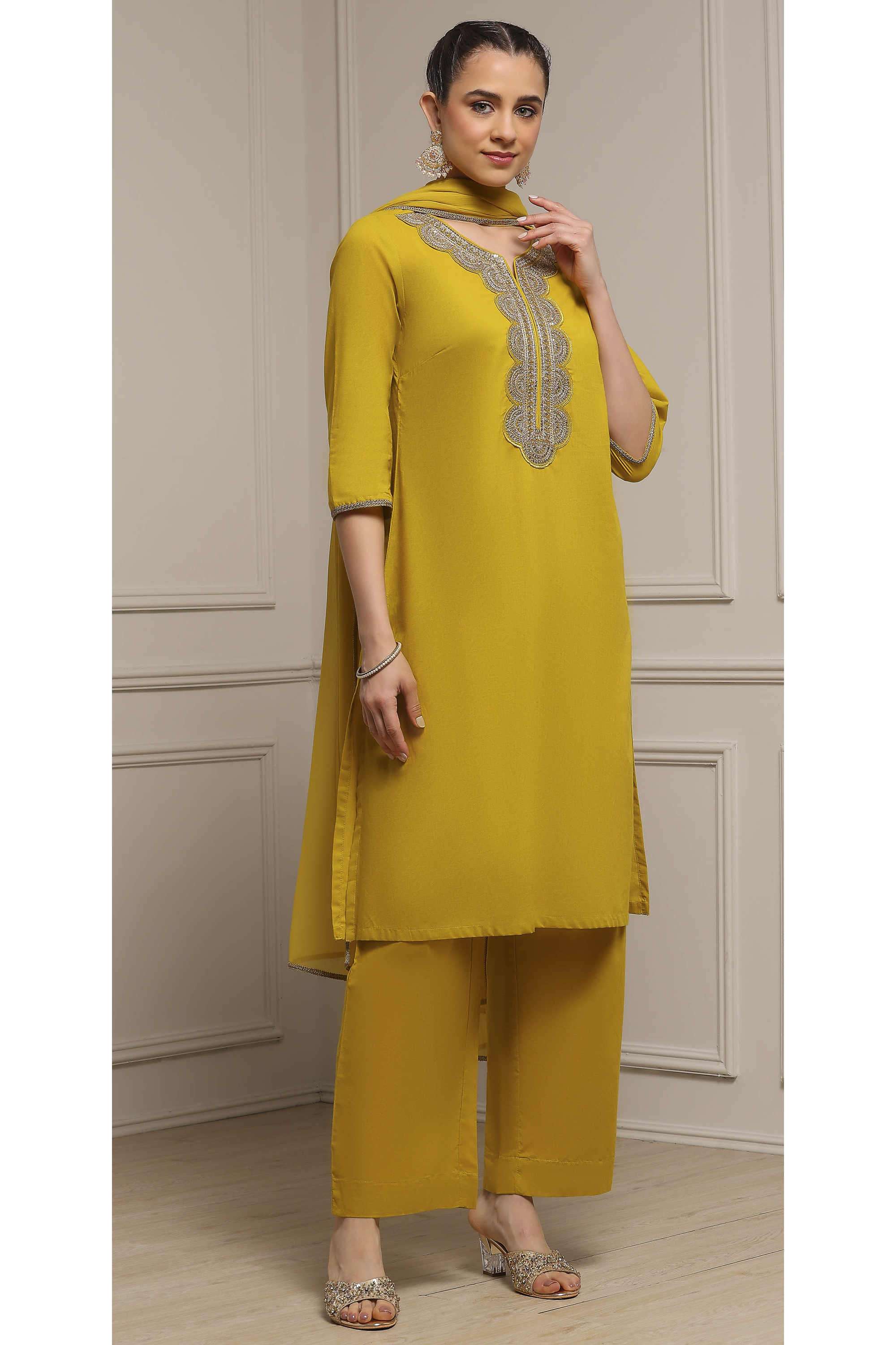 Embellished-Y-Neck-Cotton-Women-Kurta-with-Pant-and-Dupatta