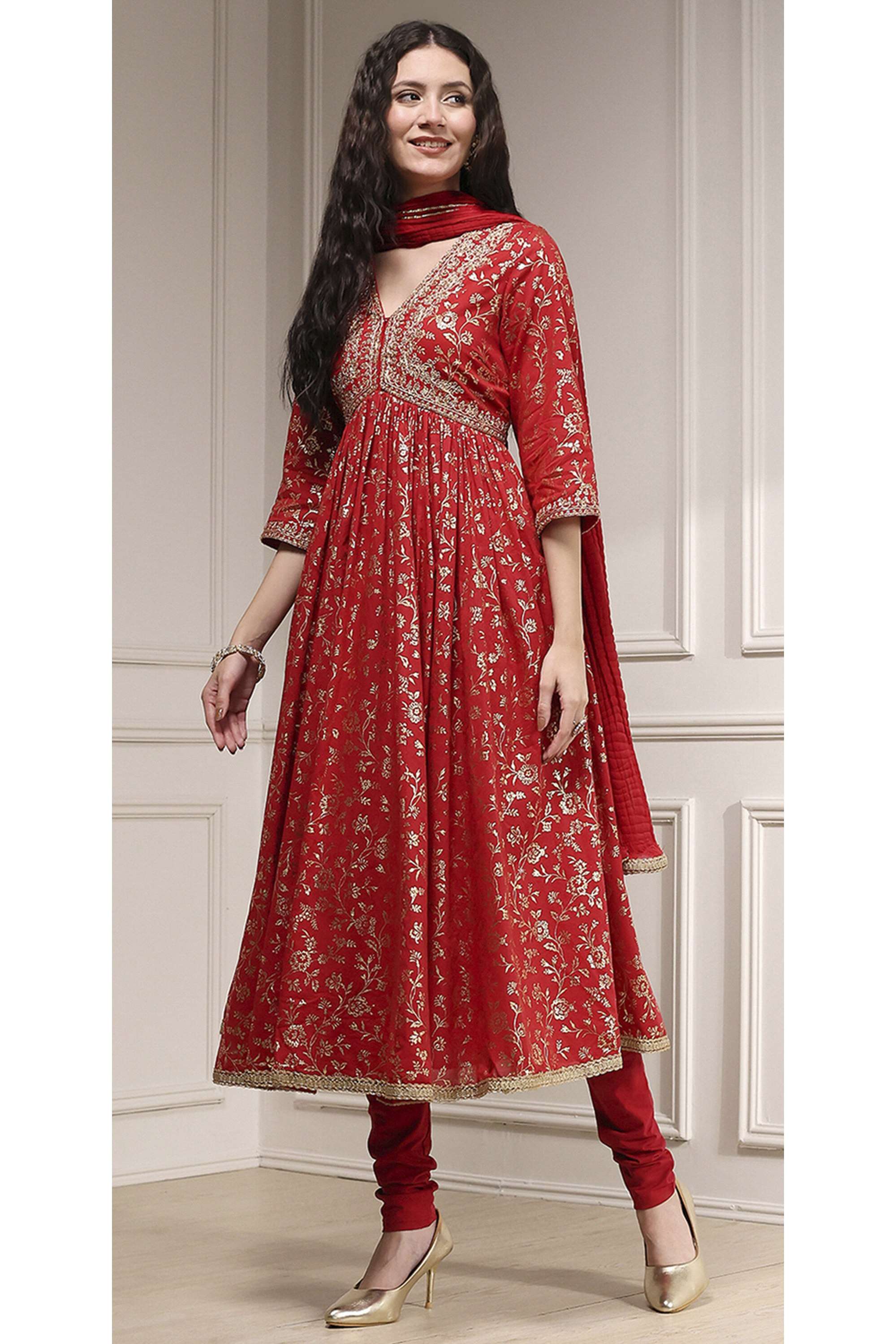 Printed-Cotton-V-Neck-Women-s-Festive-Wear-Kurta