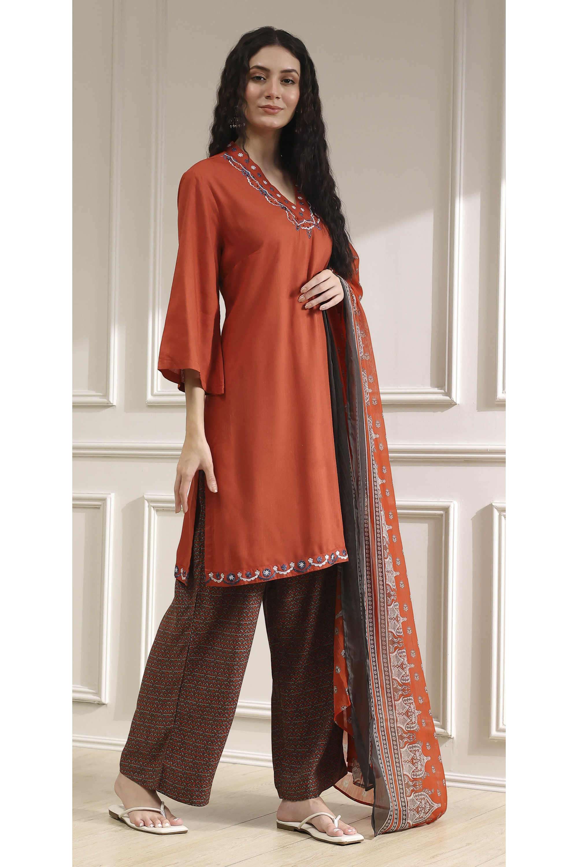 Embroidered-V-Neck-Viscose-Women-Kurta-with-Pant-and-Dupatta