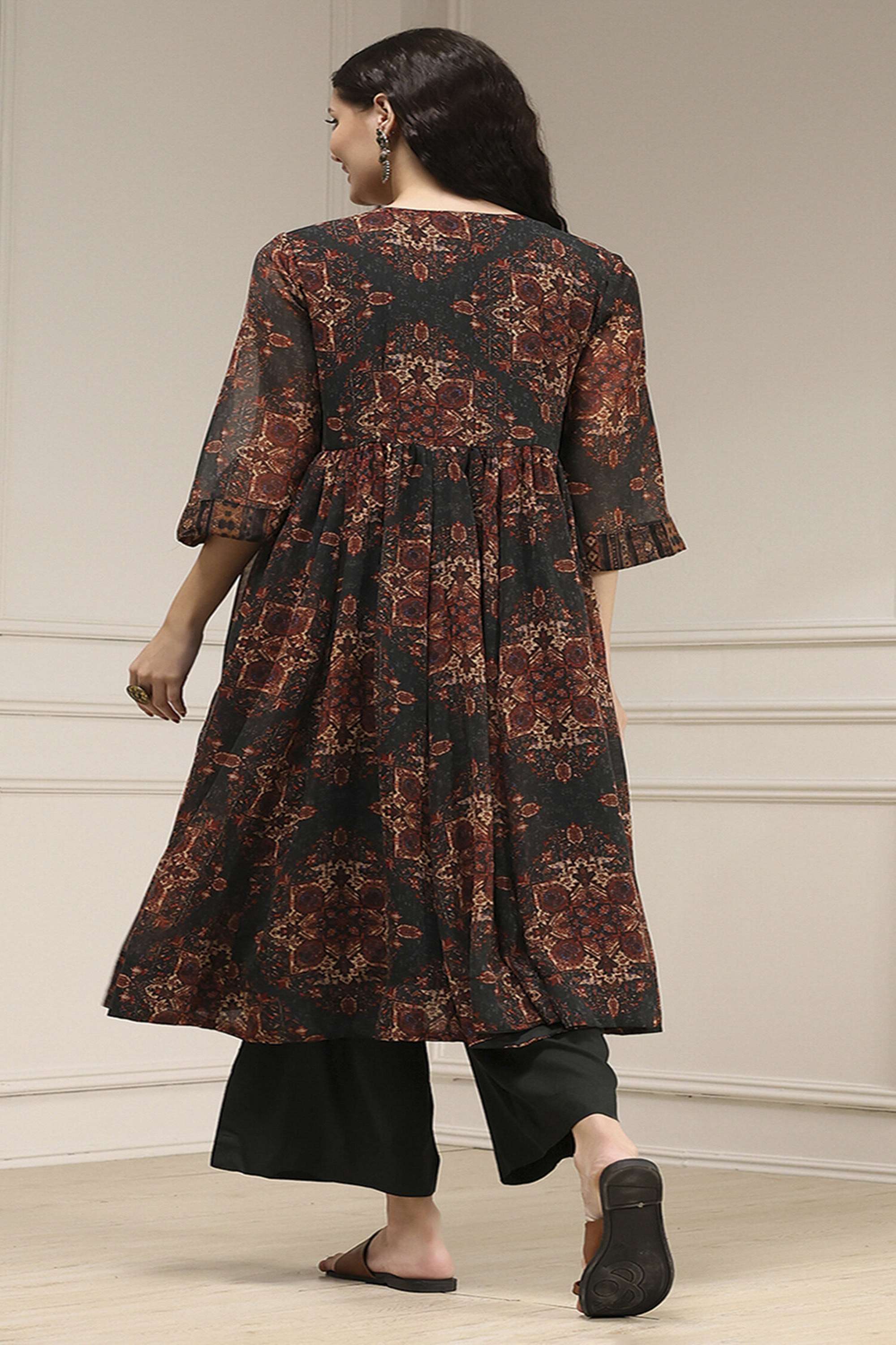 Printed-Polyester-V-Neck-Women-s-Festive-Wear-Kurta-Set