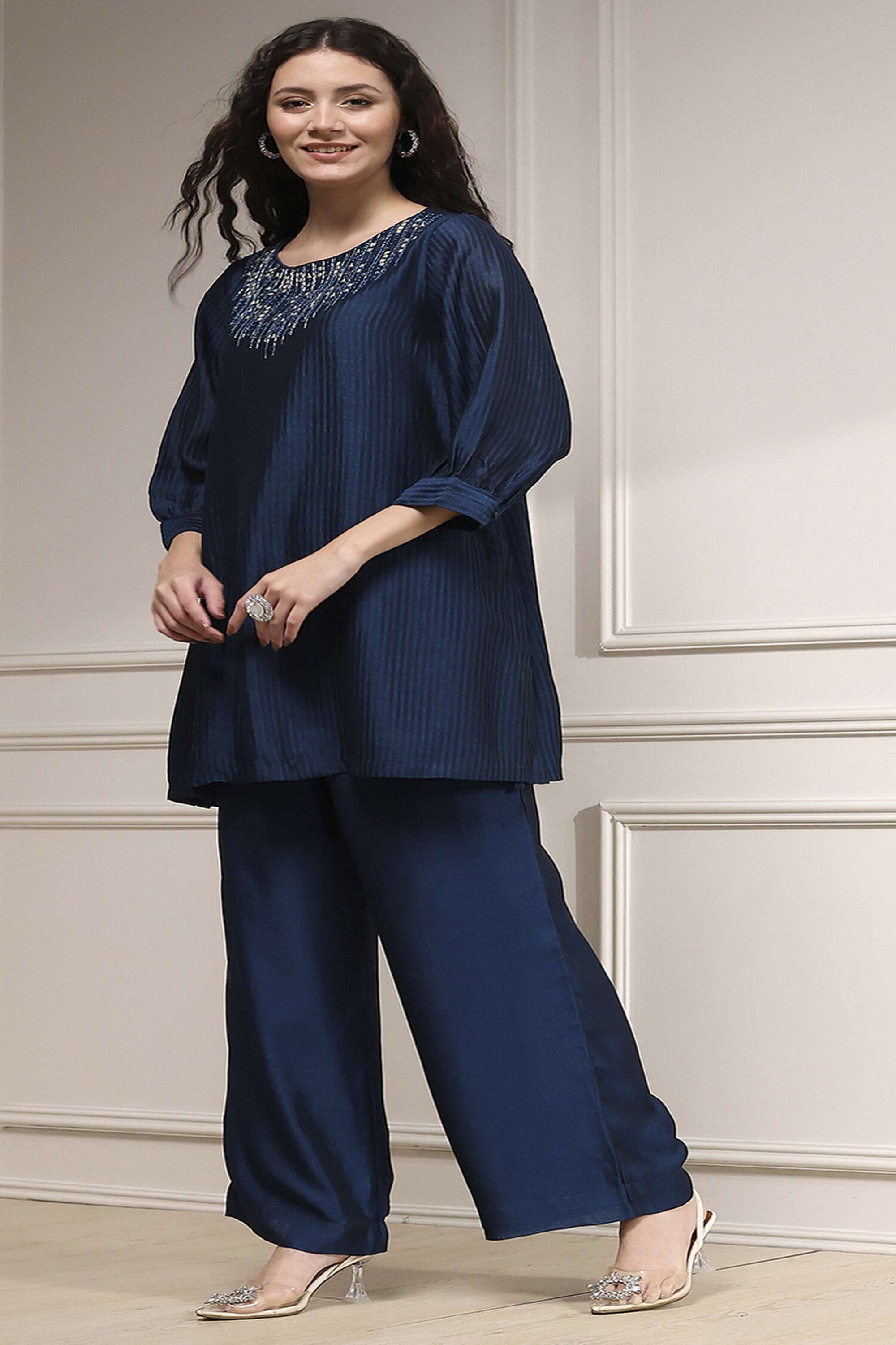 Solid-Blended-Fabric-Round-Neck-Women-s-Festive-Wear-Kurta