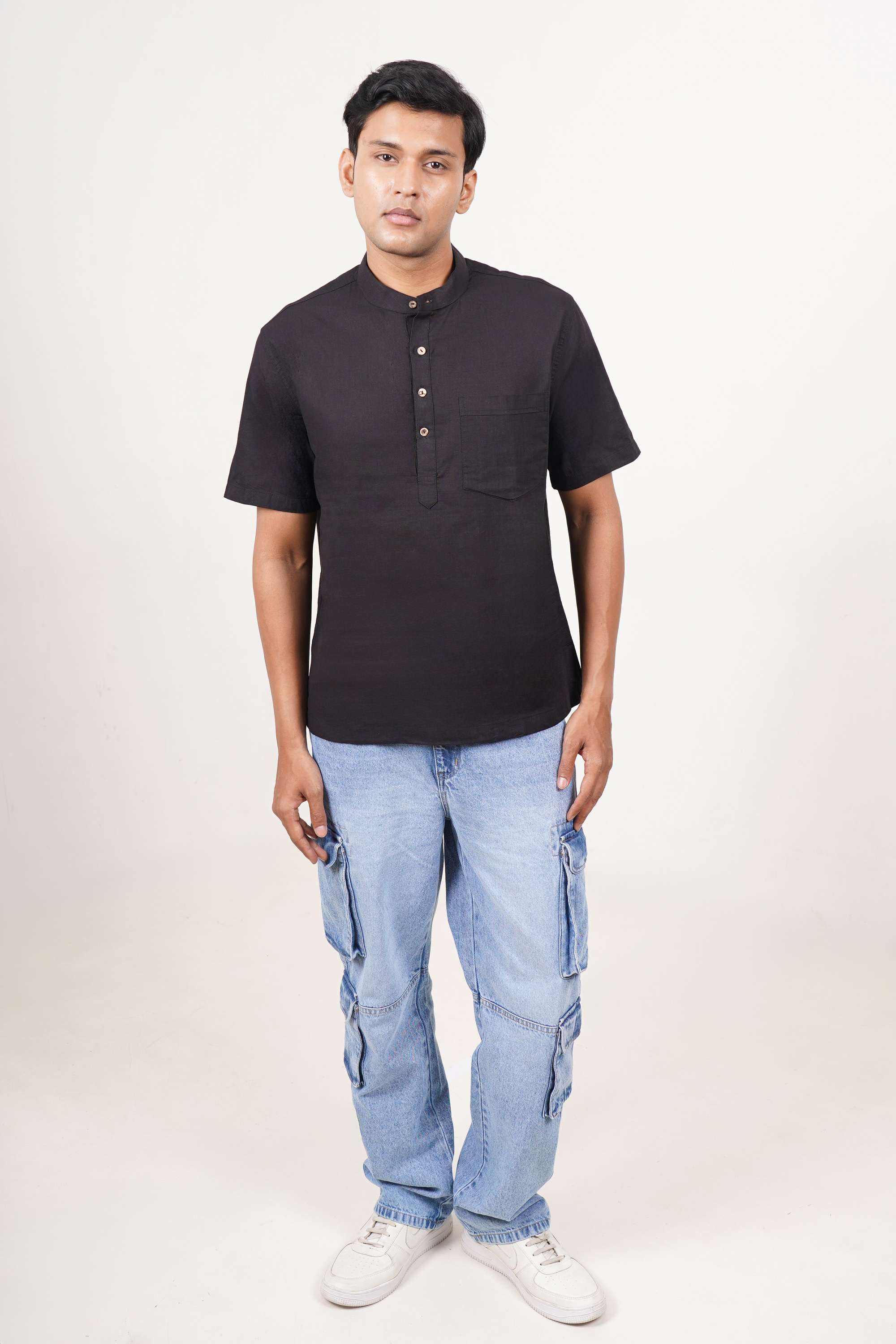 Solid-Cotton-Regular-Fit-Men-s-Short-Kurta