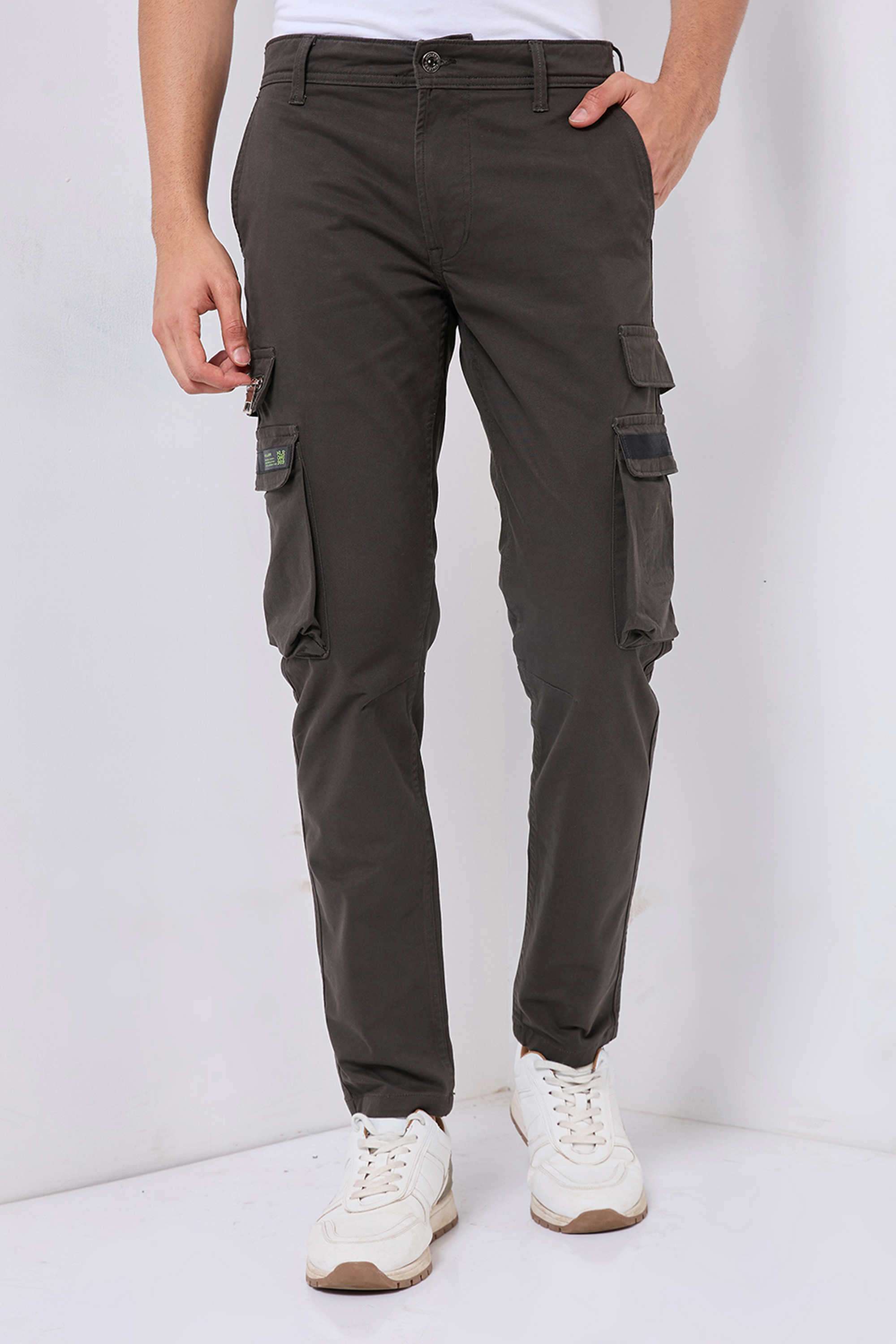 Solid-Cotton-Blend-Tapered-Fit-Men-s-Casual-Trousers